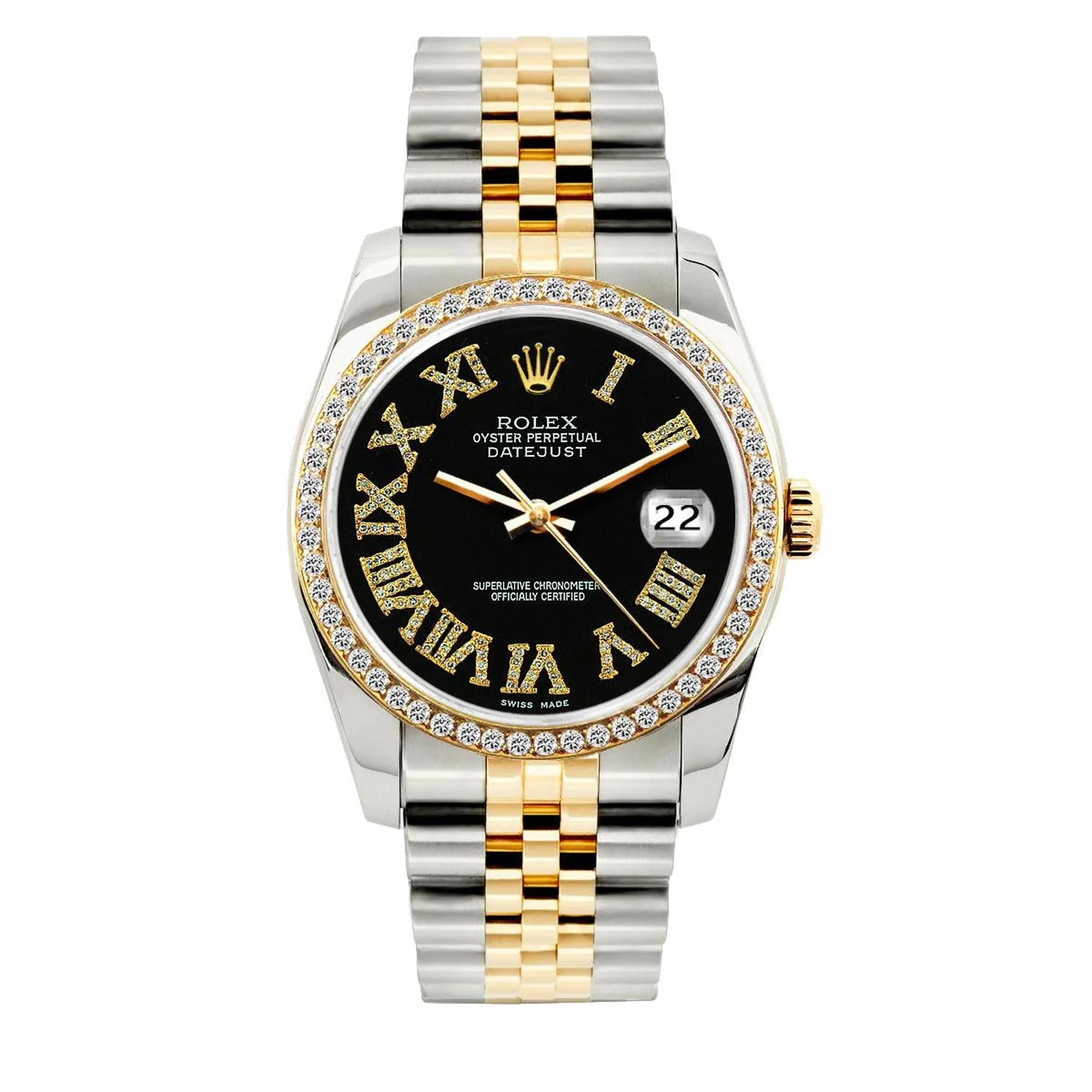 Rolex Datejust 36MM 16233 Black Roman Diamond Dial Diamond Bezel Two Tone Yellow Gold Jubilee Bracelet 1.2ct