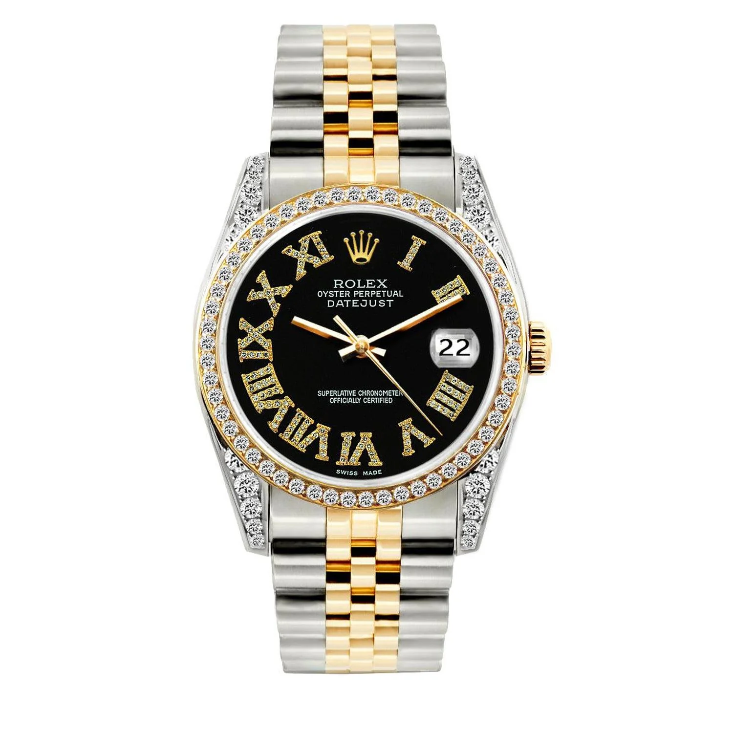 Rolex Datejust 36MM 16233 Black Roman Diamond Dial Diamond Bezel Two Tone Yellow Gold Jubilee Bracelet 1.2ct