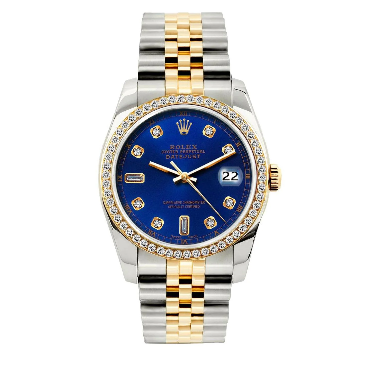 Rolex Datejust 36MM 16233 Blue Diamond Dial Diamond Bezel Two Tone Yellow Gold Jubilee Bracelet 1.2ct