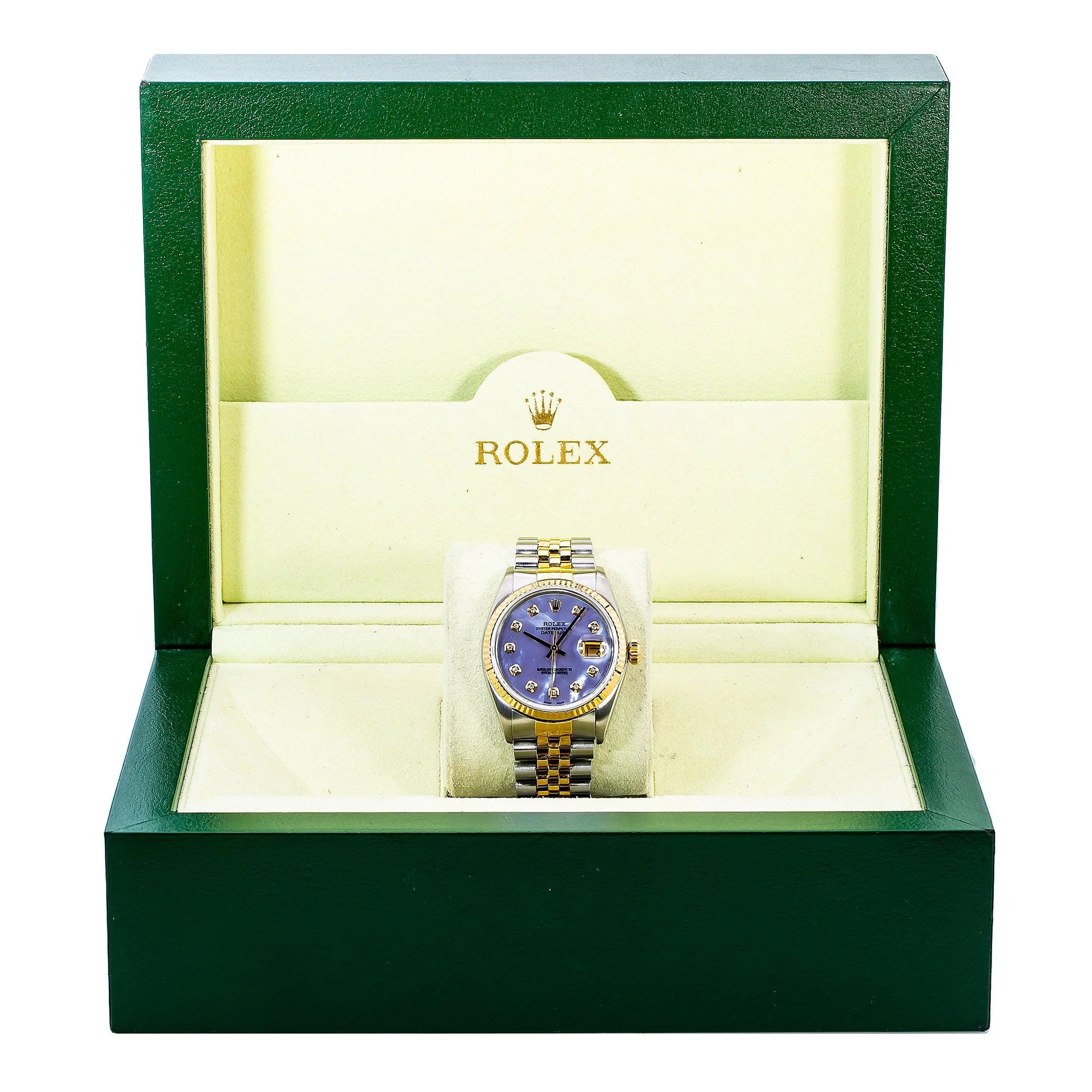 Rolex Datejust 36MM 16233 Blue Mother of Pearl Diamond Dial Fluted Bezel Two Tone Yellow Gold Jubilee Bracelet - Image 7