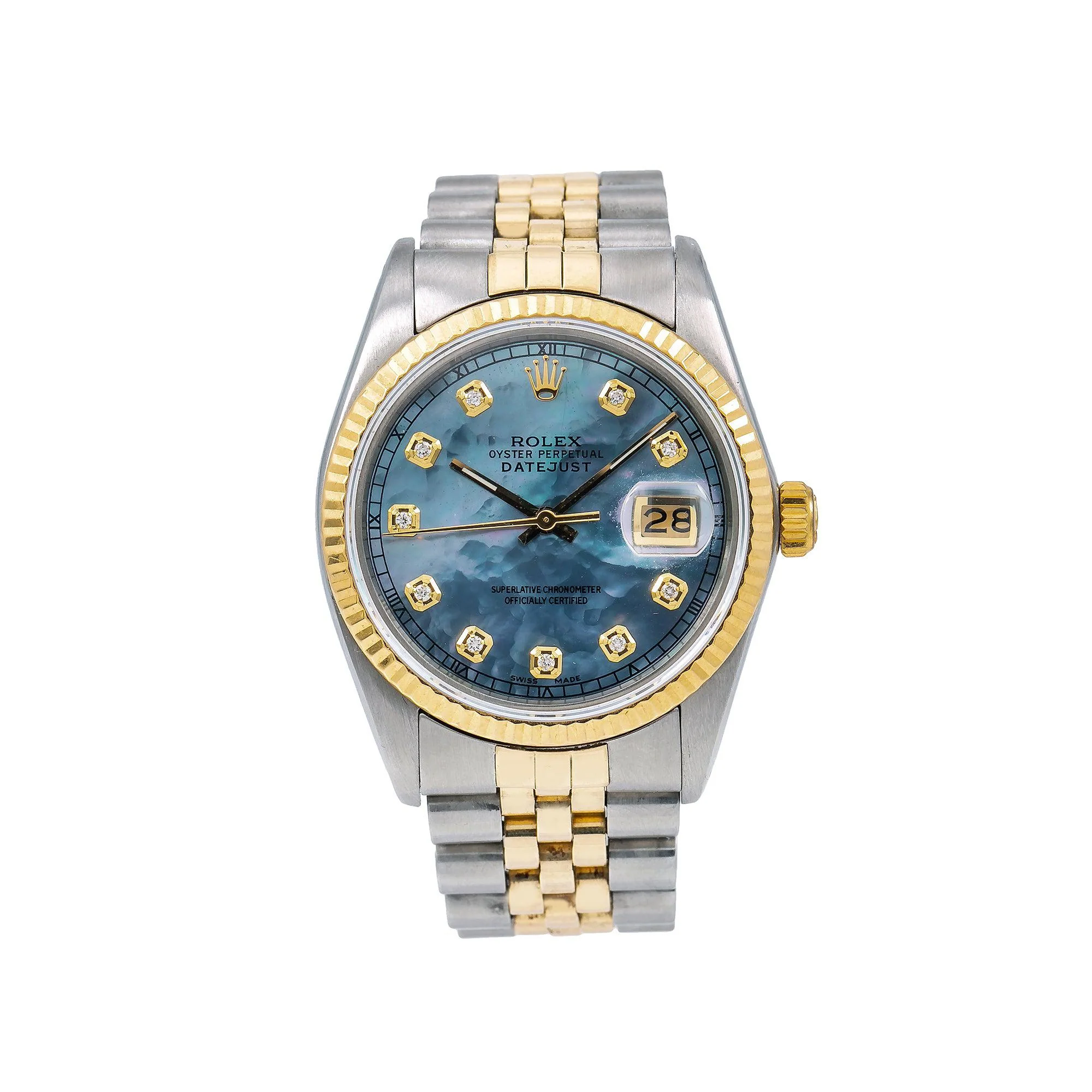 Rolex Datejust 36MM 16233 Blue Mother of Pearl Diamond Dial Fluted Bezel Two Tone Yellow Gold Jubilee Bracelet