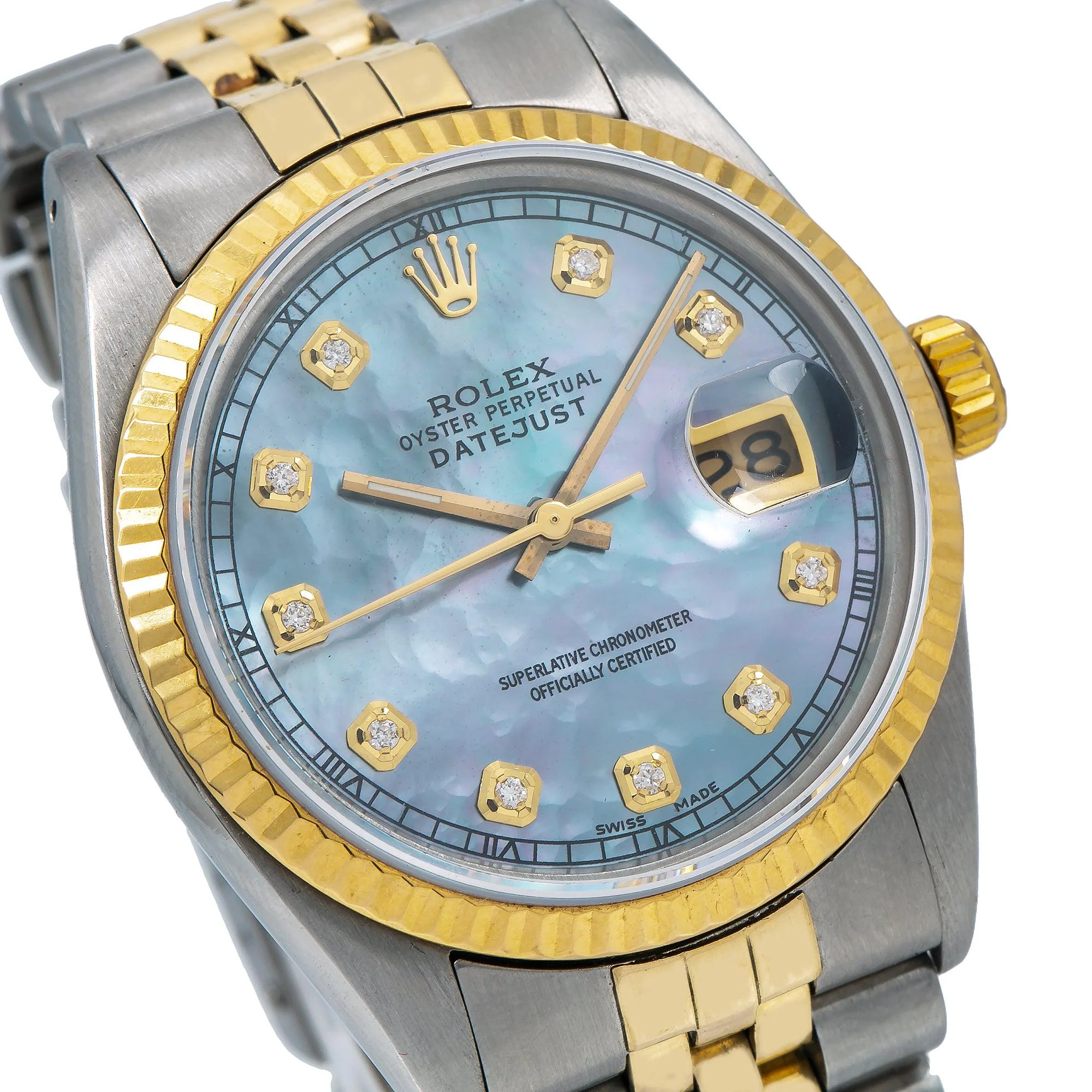 Rolex Datejust 36MM 16233 Blue Mother of Pearl Diamond Dial Fluted Bezel Two Tone Yellow Gold Jubilee Bracelet - Image 3