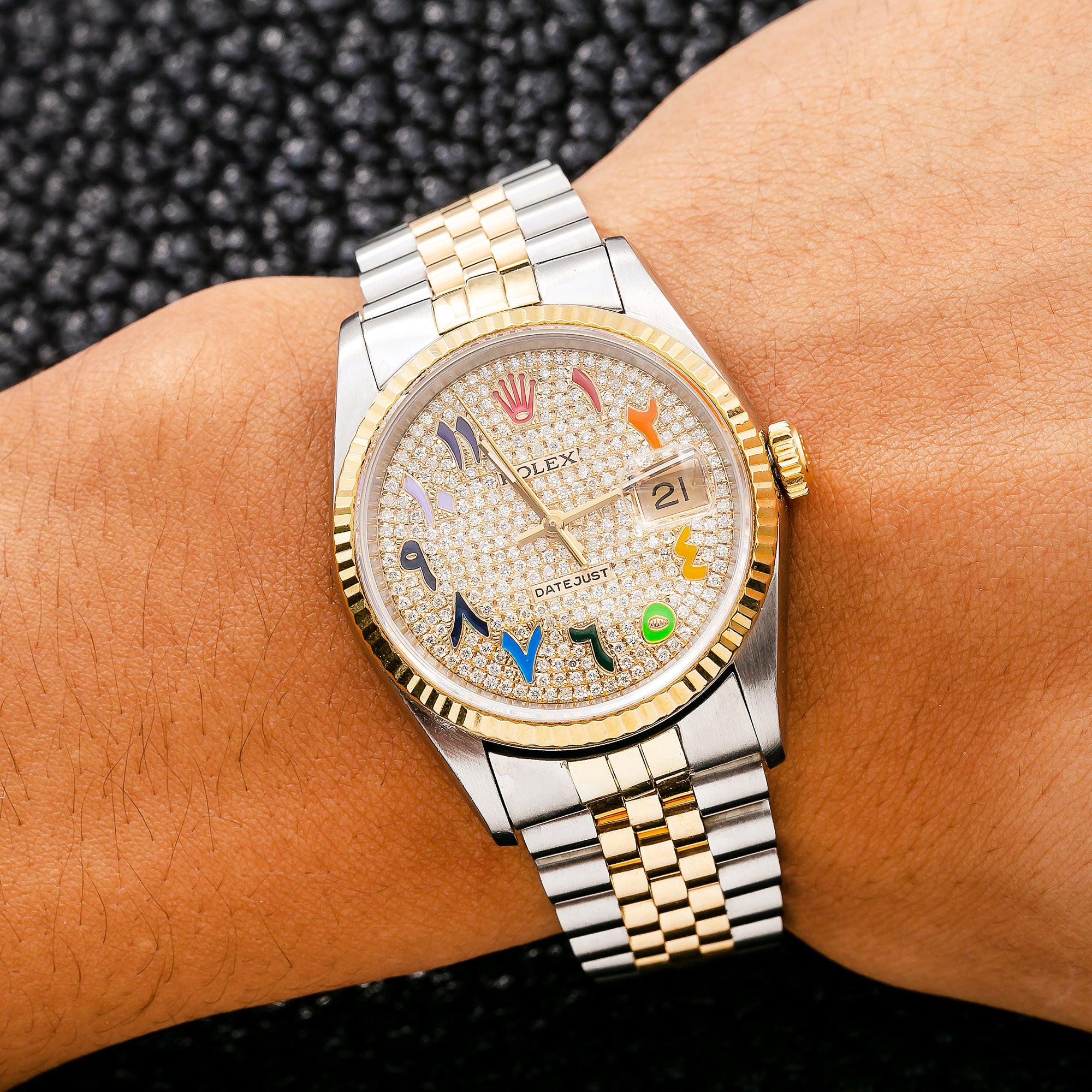 Rolex Datejust 36MM 16233 Diamond Paved Rainbow Eastern Arabic Dial Fluted Bezel Two Tone Yellow Gold Jubilee Bracelet - Image 2