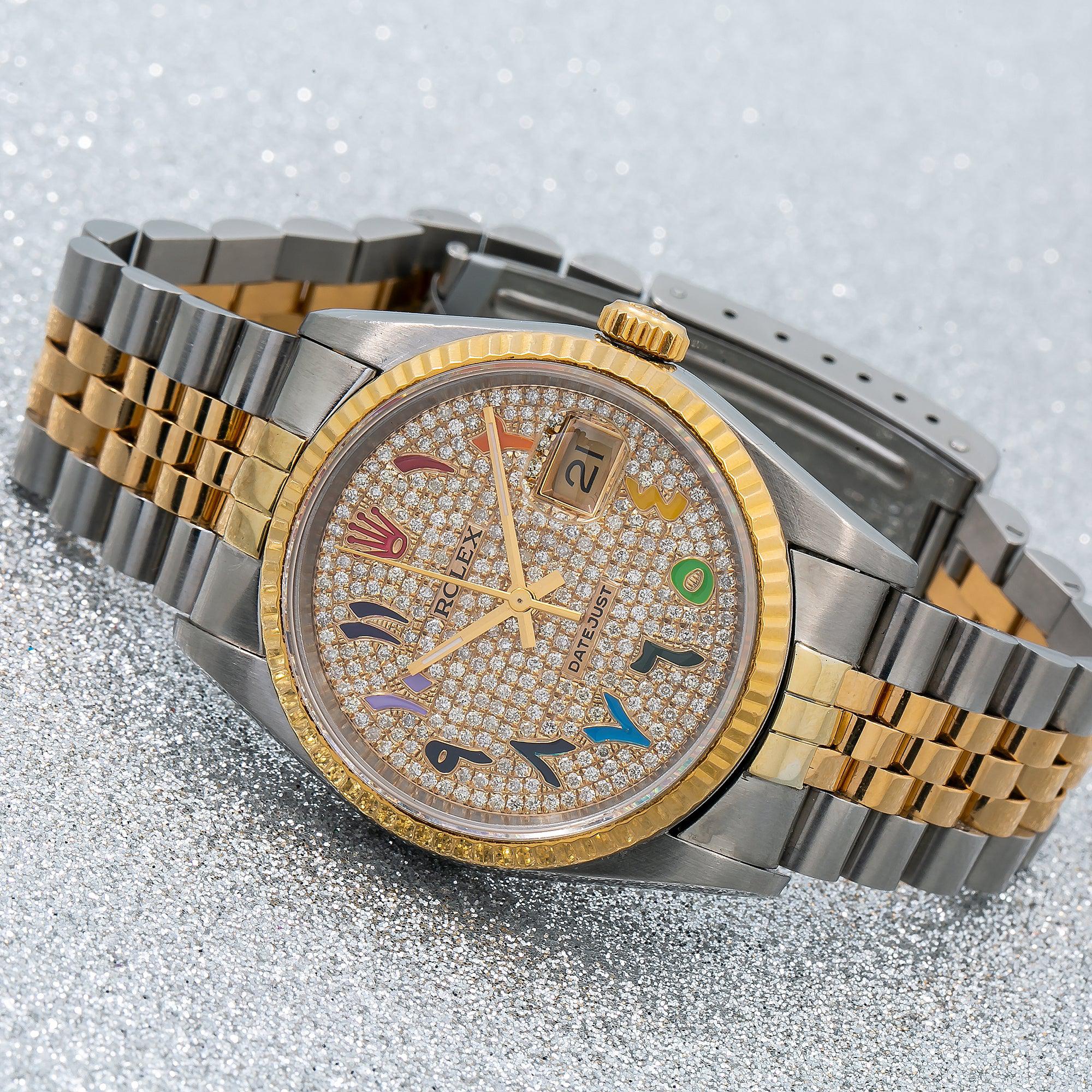 Rolex Datejust 36MM 16233 Diamond Paved Rainbow Eastern Arabic Dial Fluted Bezel Two Tone Yellow Gold Jubilee Bracelet - Image 3