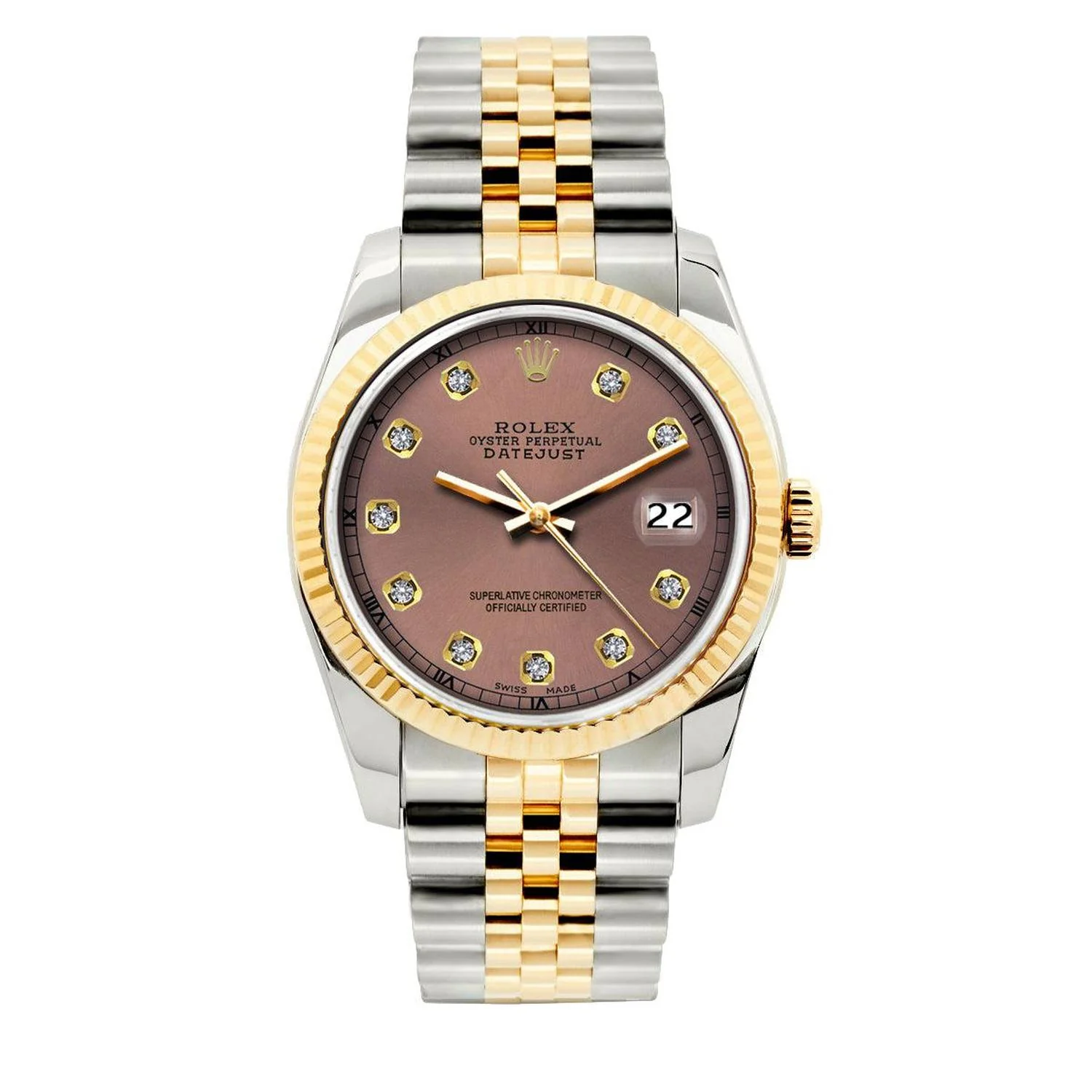 Rolex Datejust 36MM 16233 Everose Diamond Dial Fluted Bezel Two Tone Yellow Gold Jubilee Bracelet