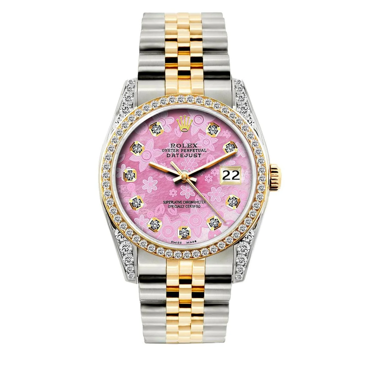 Rolex Datejust 36MM 16233 Pink Floral Diamond Dial Diamond Bezel Two Tone Yellow Gold Jubilee Bracelet 1.2ct