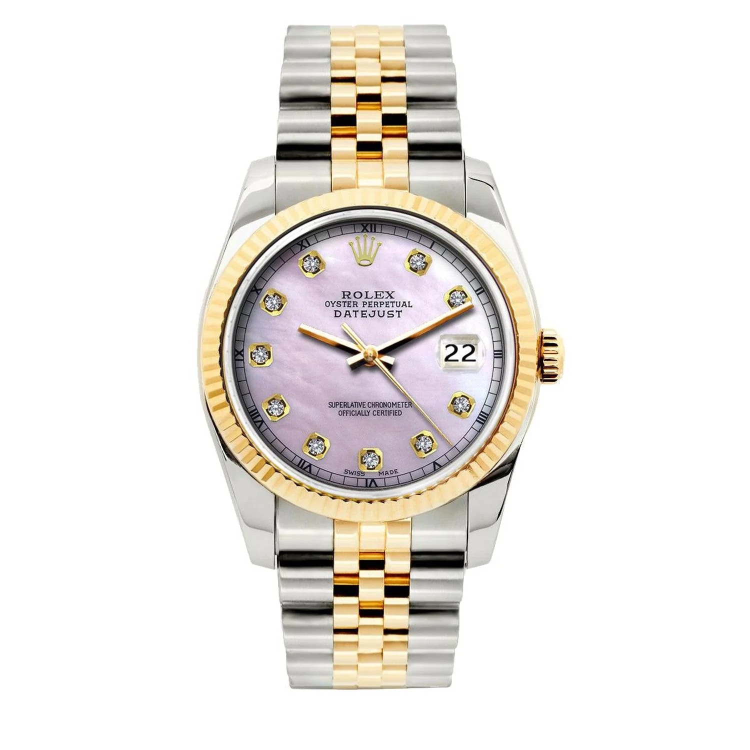 Rolex Datejust 36MM 16233 Pink Mother of Pearl Diamond Dial Fluted Bezel Two Tone Yellow Gold Jubilee Bracelet