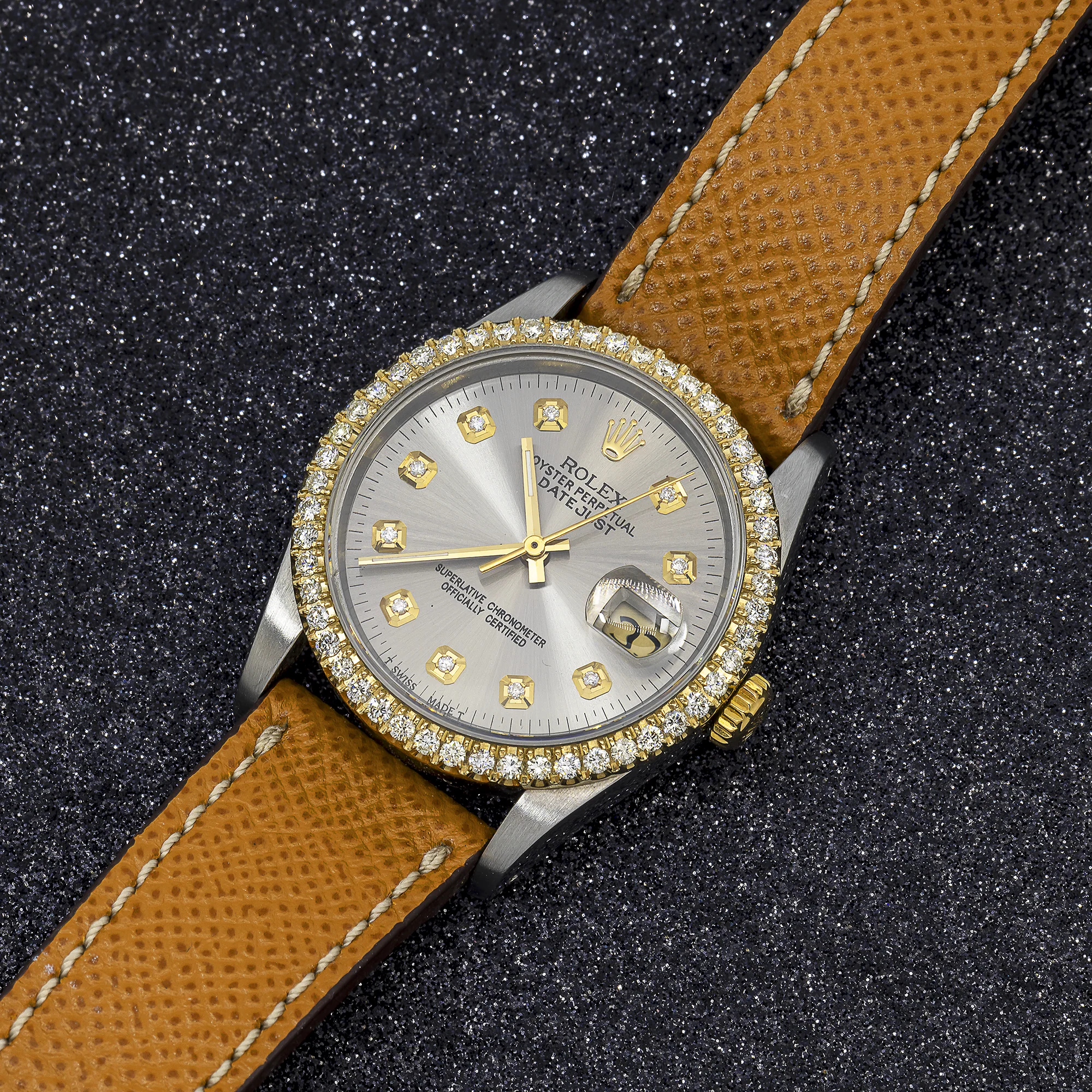 Rolex Datejust 36MM 16233 Silver Diamond Dial Diamond Bezel Brown Leather Strap - Image 4