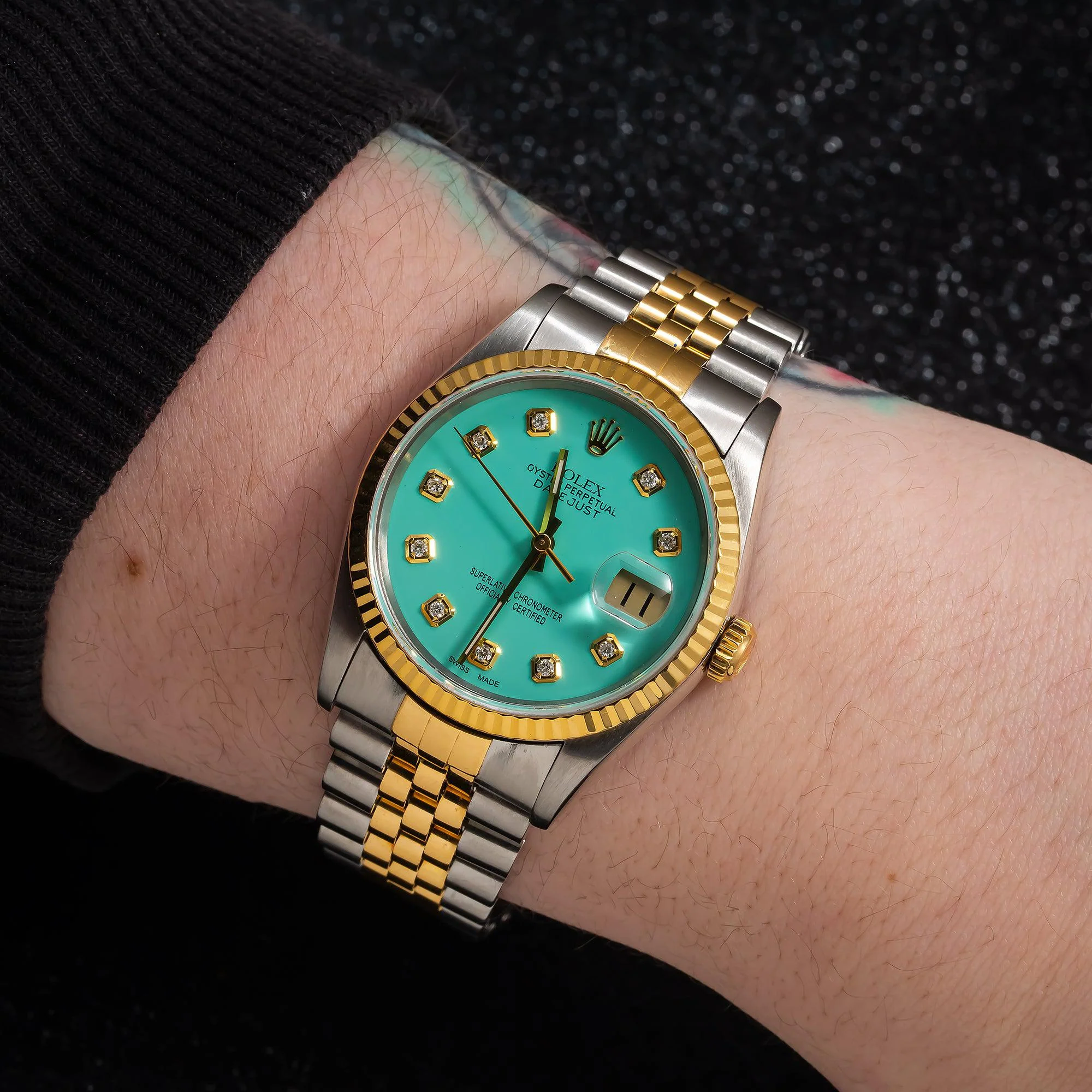 Rolex Datejust 36MM 16233 Turquoise Diamond Dial Fluted Bezel Two Tone Yellow Gold Jubilee Bracelet - Image 2