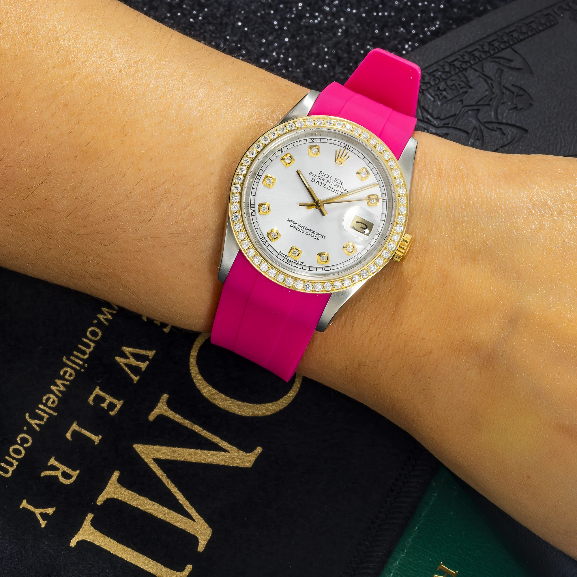 Rolex Datejust 36MM 16233 White Diamond Dial Diamond Bezel Magenta Rubber Strap - Image 2