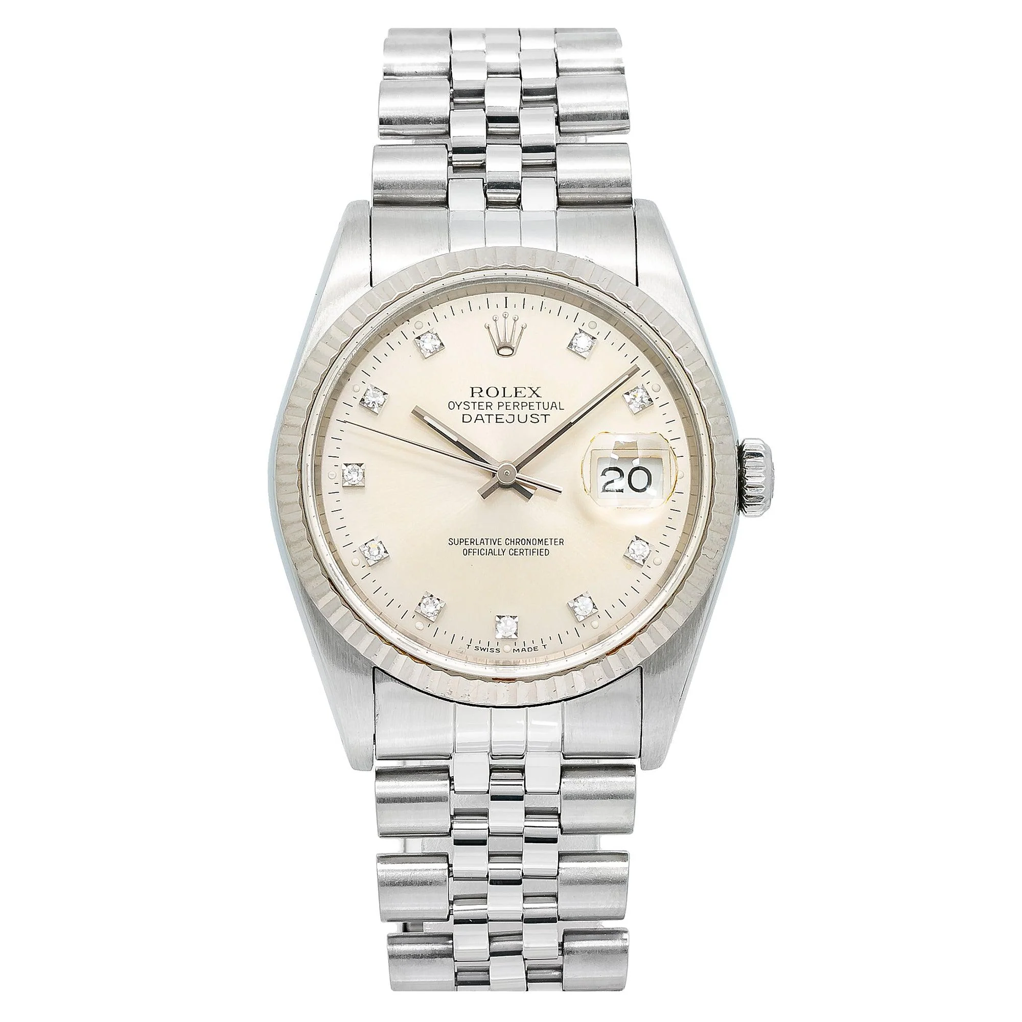 Rolex Datejust 36MM 16234 Silver Diamond Dial Fluted Bezel Stainless Steel Jubilee Bracelet