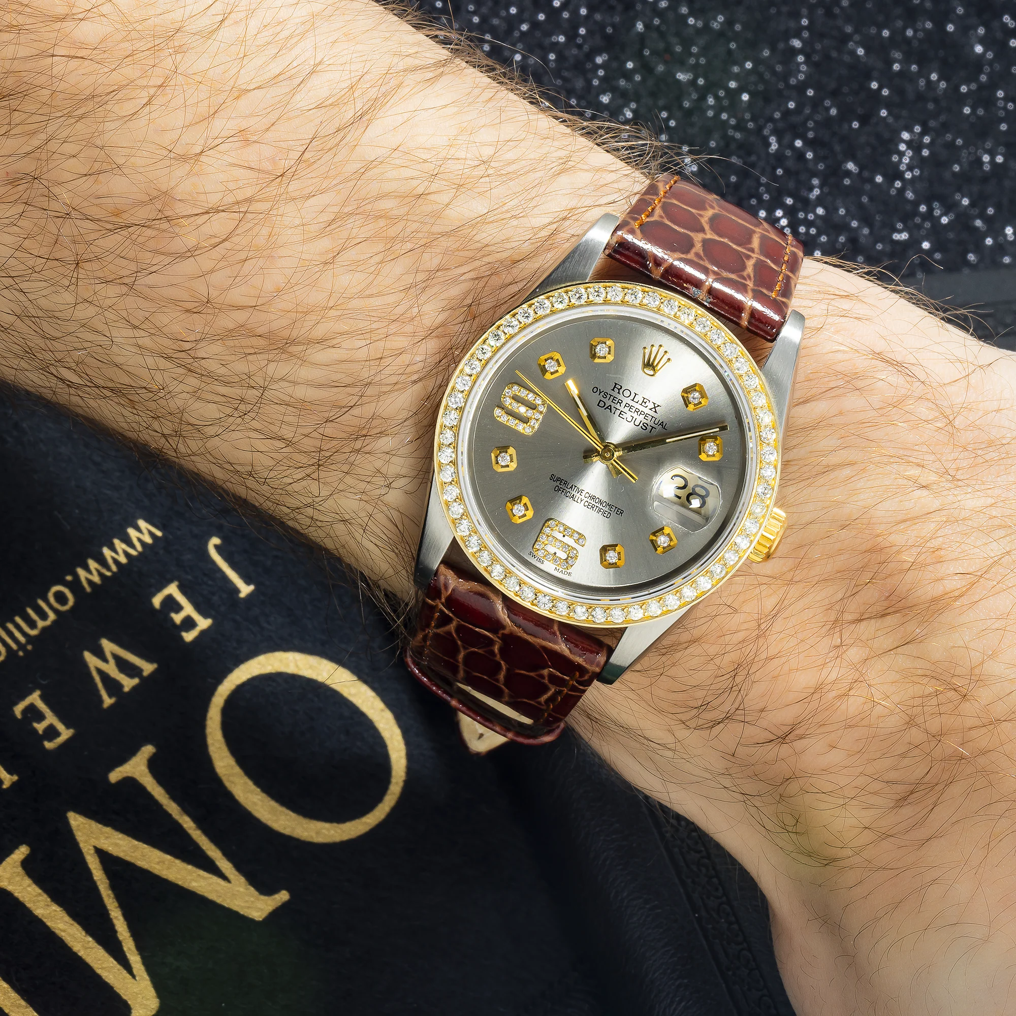 Rolex Datejust 36MM 16263 Silver Arabic Diamond Dial Diamond Bezel Brown Alligator Leather Strap - Image 2