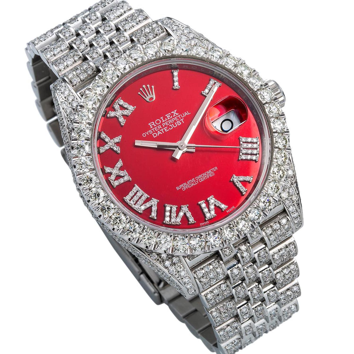 Rolex Datejust 41MM 116334 Red Roman Diamond Dial Diamond Bezel Stainless Steel Full Diamond Jubilee Bracelet 11.75ct - Image 4