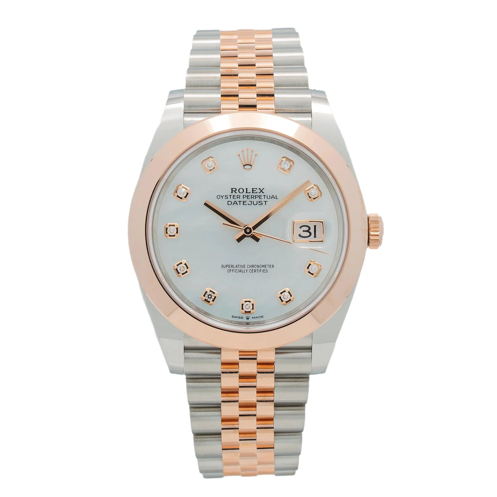 Rolex Datejust 41MM 126301 White Mother of Pearl Diamond Dial Smooth Bezel Two Tone Rose Gold Jubilee Bracelet