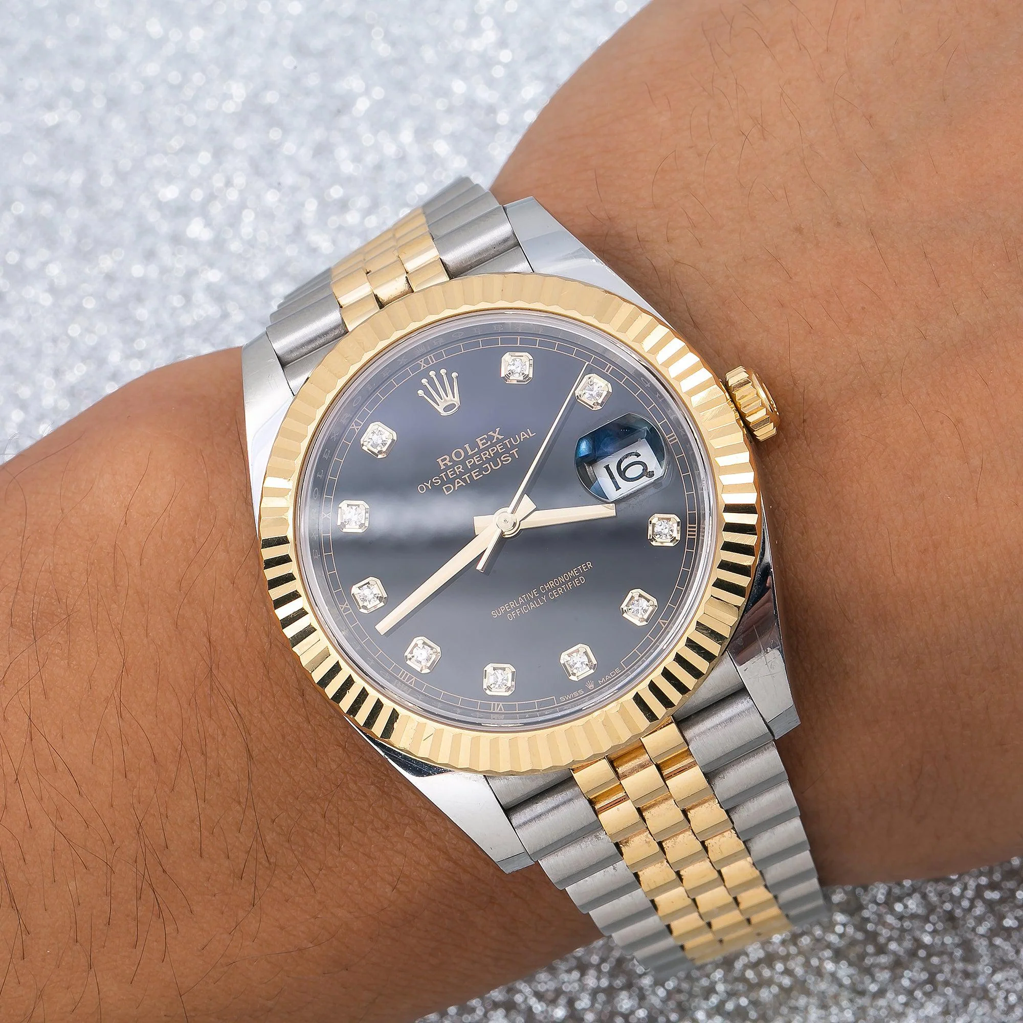 Rolex Datejust 41MM 126333 Black Diamond Dial Fluted Bezel Two Tone Yellow Gold Jubilee Bracelet - Image 2