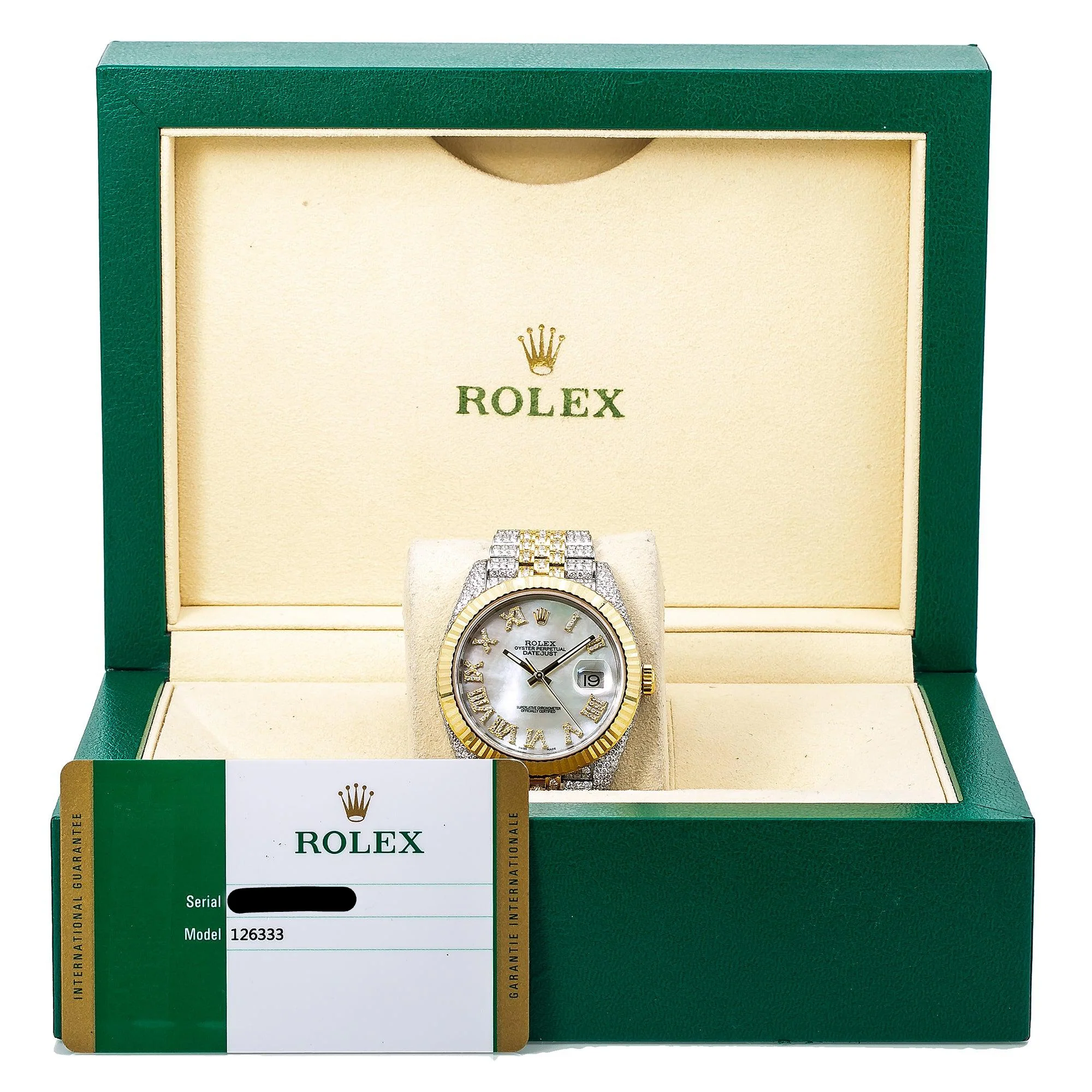 Rolex Datejust 41MM 126333 White Mother of Pearl Roman Diamond Dial Fluted Bezel Two Tone Yellow Gold Full Diamond Jubilee Bracelet - Image 6