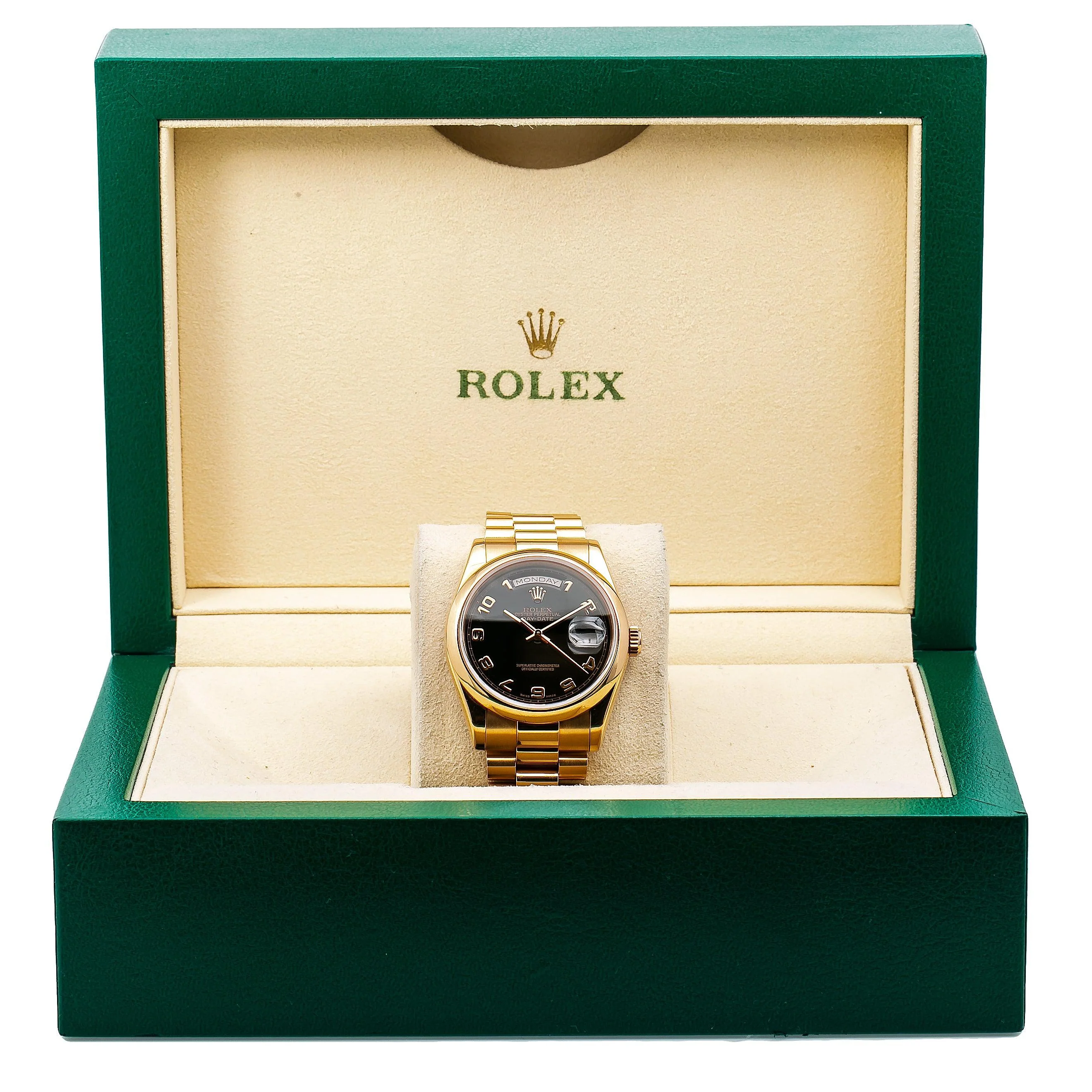 Rolex Day-Date 36MM 118208 Black Arabic Dial Smooth Bezel 18K Yellow Gold President Bracelet - Image 6