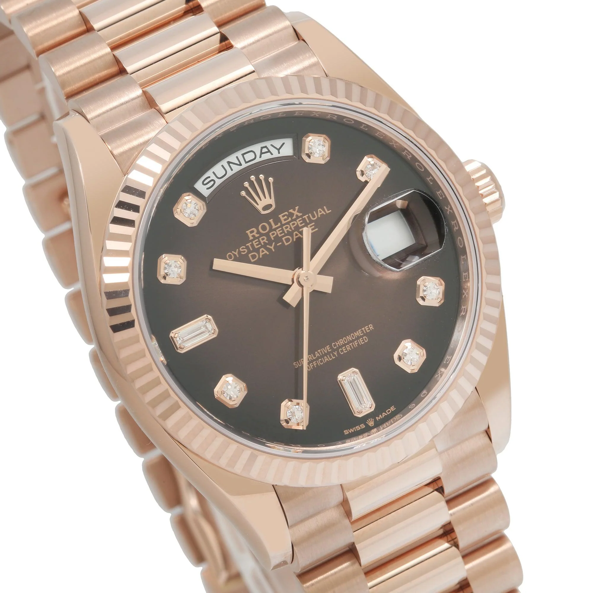 Rolex Day-Date 36MM 128235CHDP Chocolate Diamond Dial Fluted Bezel 18K Rose Gold President Bracelet - Image 3
