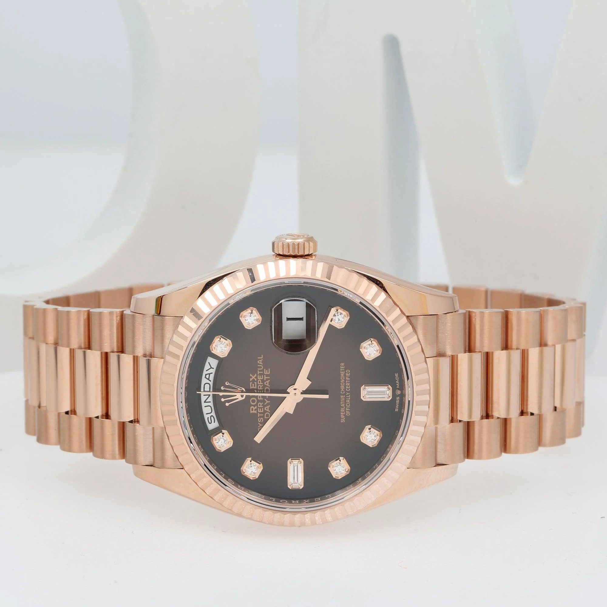 Rolex Day-Date 36MM 128235CHDP Chocolate Diamond Dial Fluted Bezel 18K Rose Gold President Bracelet - Image 4