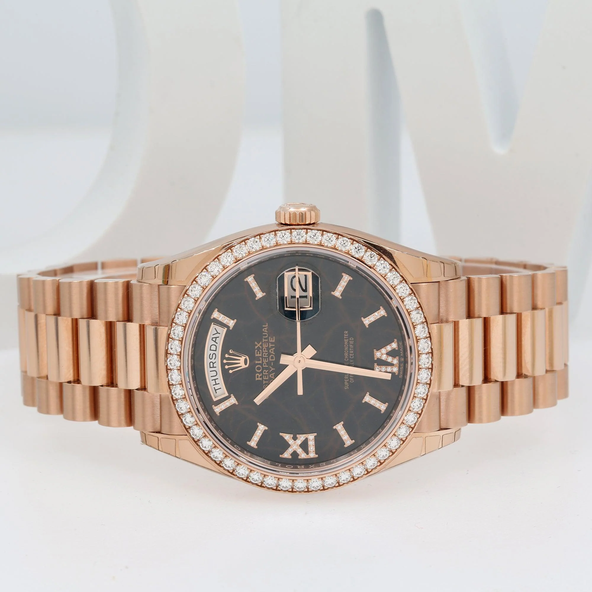 Rolex Day-Date 36MM 128345 Black Marble Roman Diamond Dial Diamond Bezel 18K Rose Gold President Bracelet - Image 4