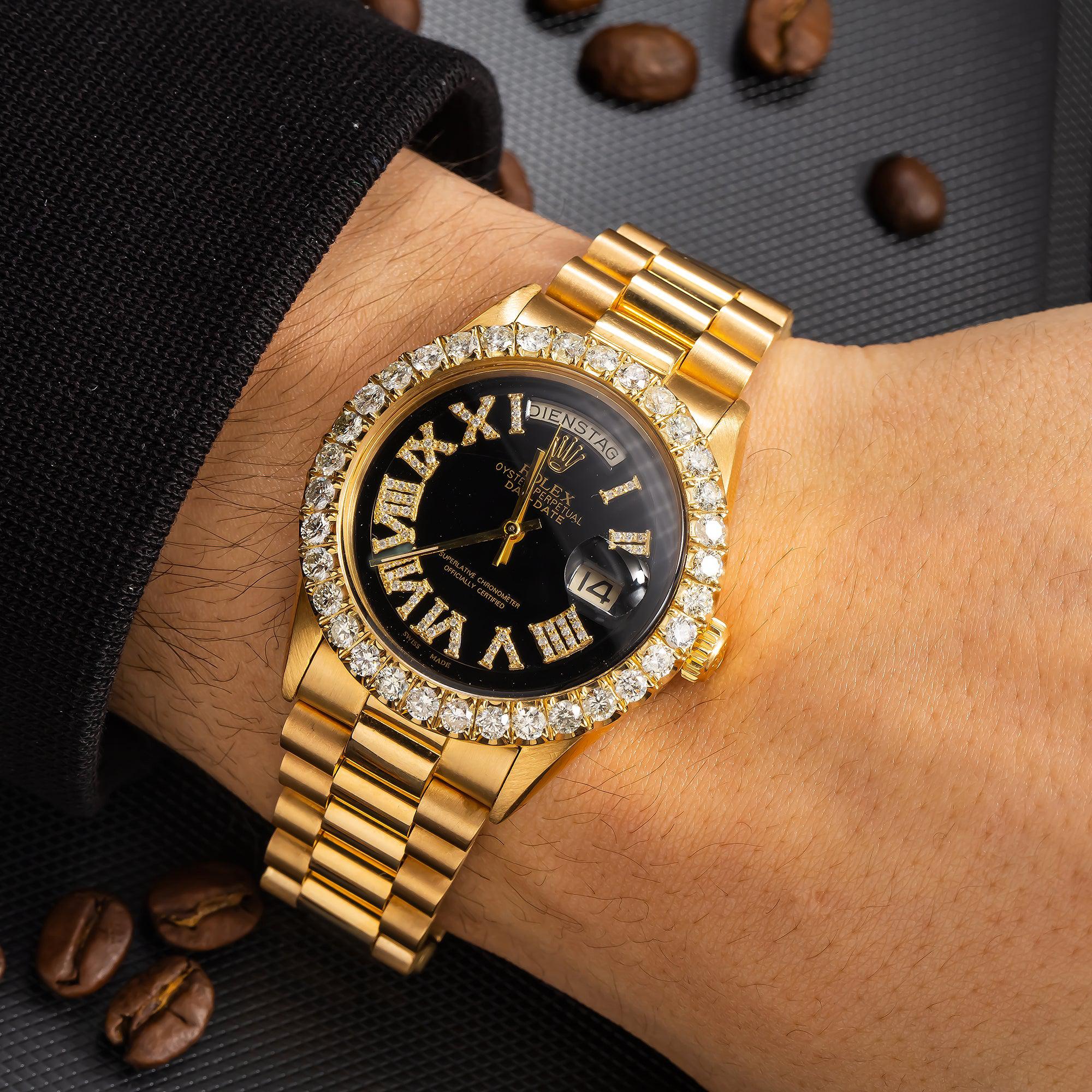 Rolex Day-Date 36MM 1803 Black Roman Diamond Dial Diamond Bezel 18K Yellow Gold President Bracelet - Image 2