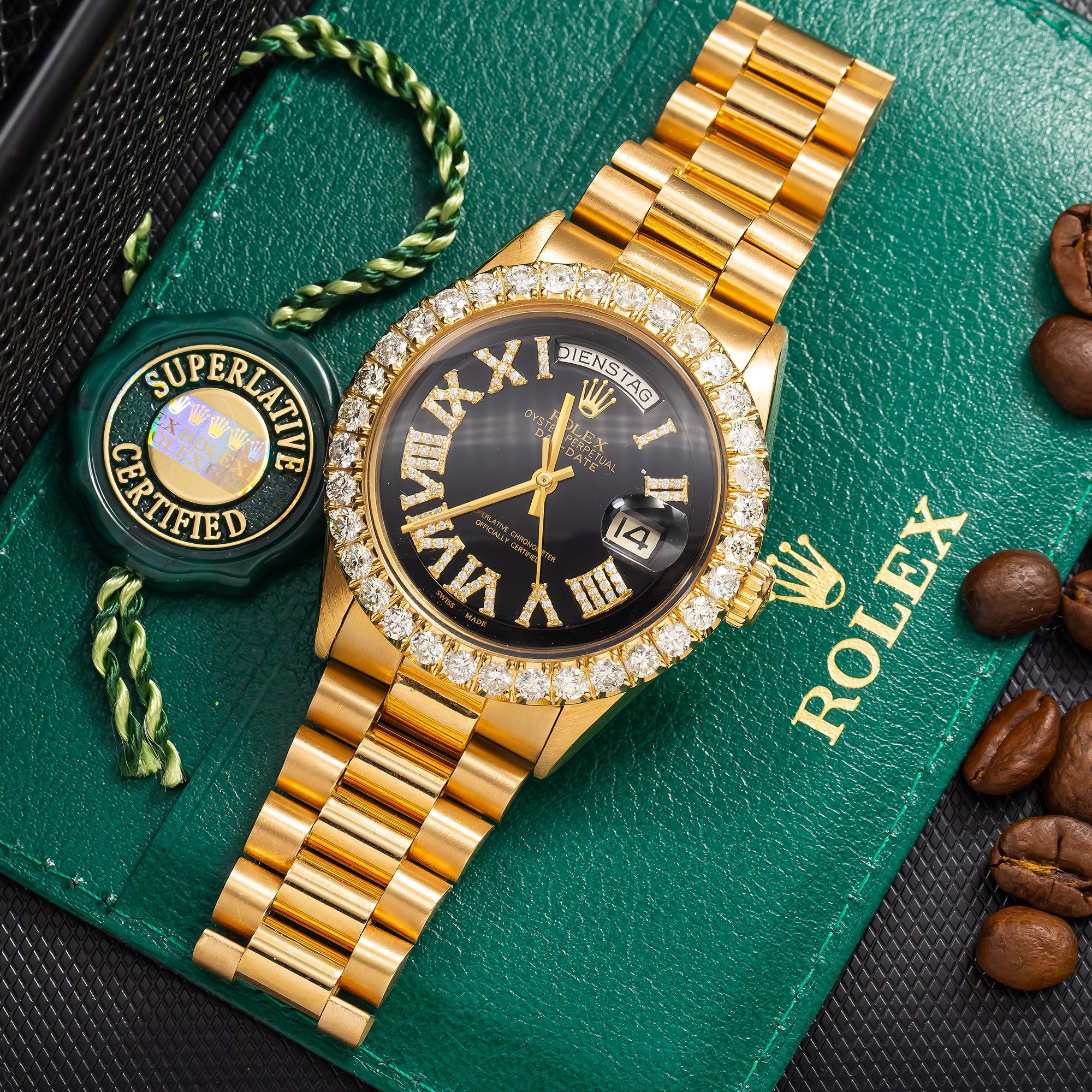 Rolex Day-Date 36MM 1803 Black Roman Diamond Dial Diamond Bezel 18K Yellow Gold President Bracelet - Image 4