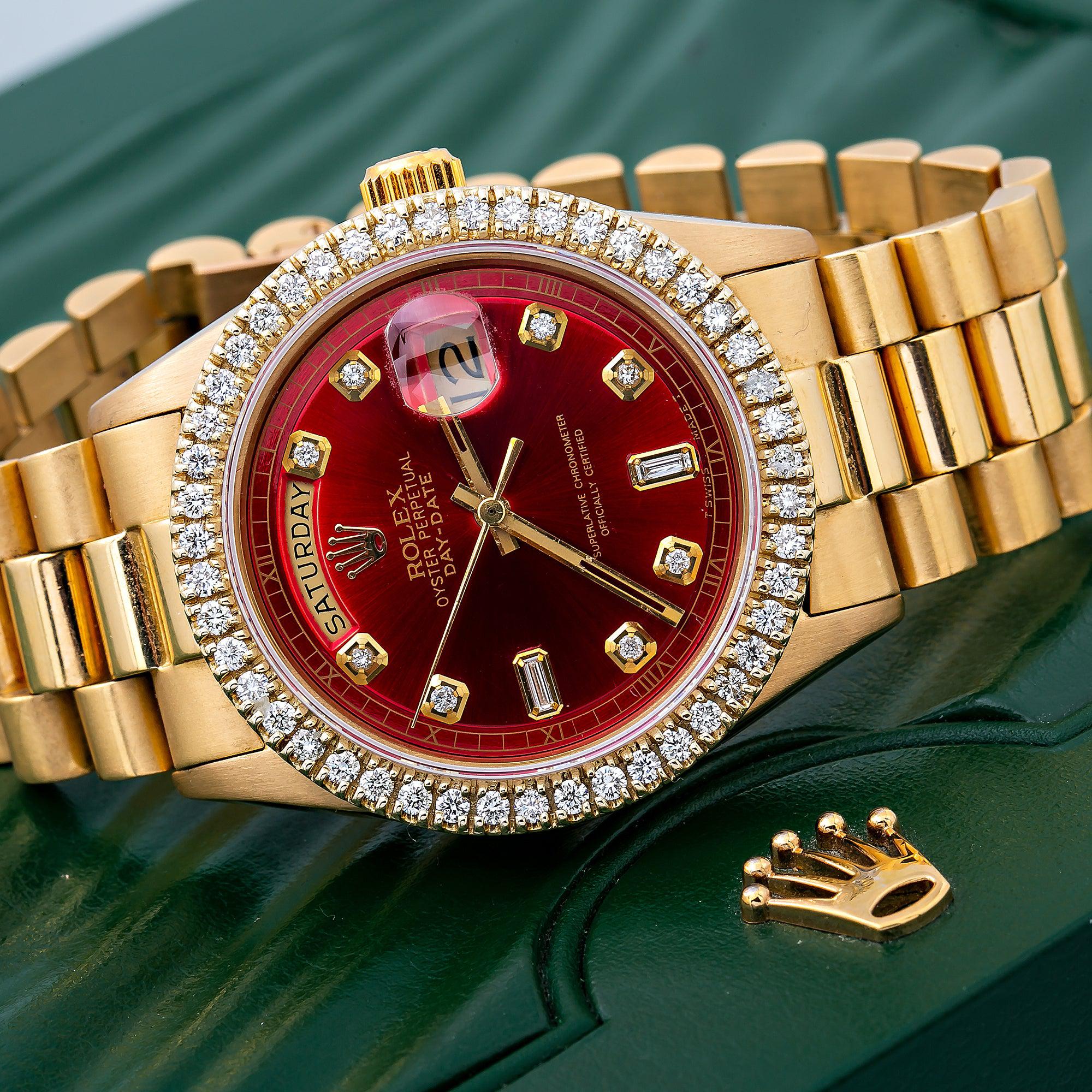 Rolex Day-Date 36MM 1803 Red Diamond Dial Diamond Bezel 18K Yellow Gold President Bracelet - Image 3