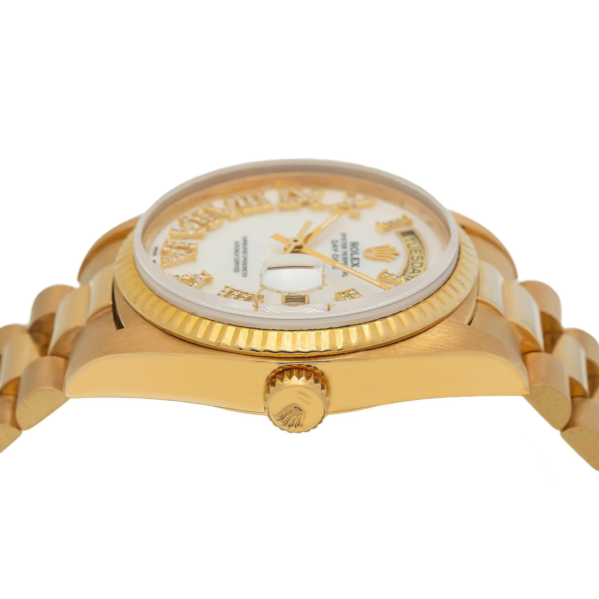 Rolex Day-Date 36MM 1803 White Mother of Pearl Roman Diamond Dial Fluted Bezel 18K Yellow Gold President Bracelet - Image 5