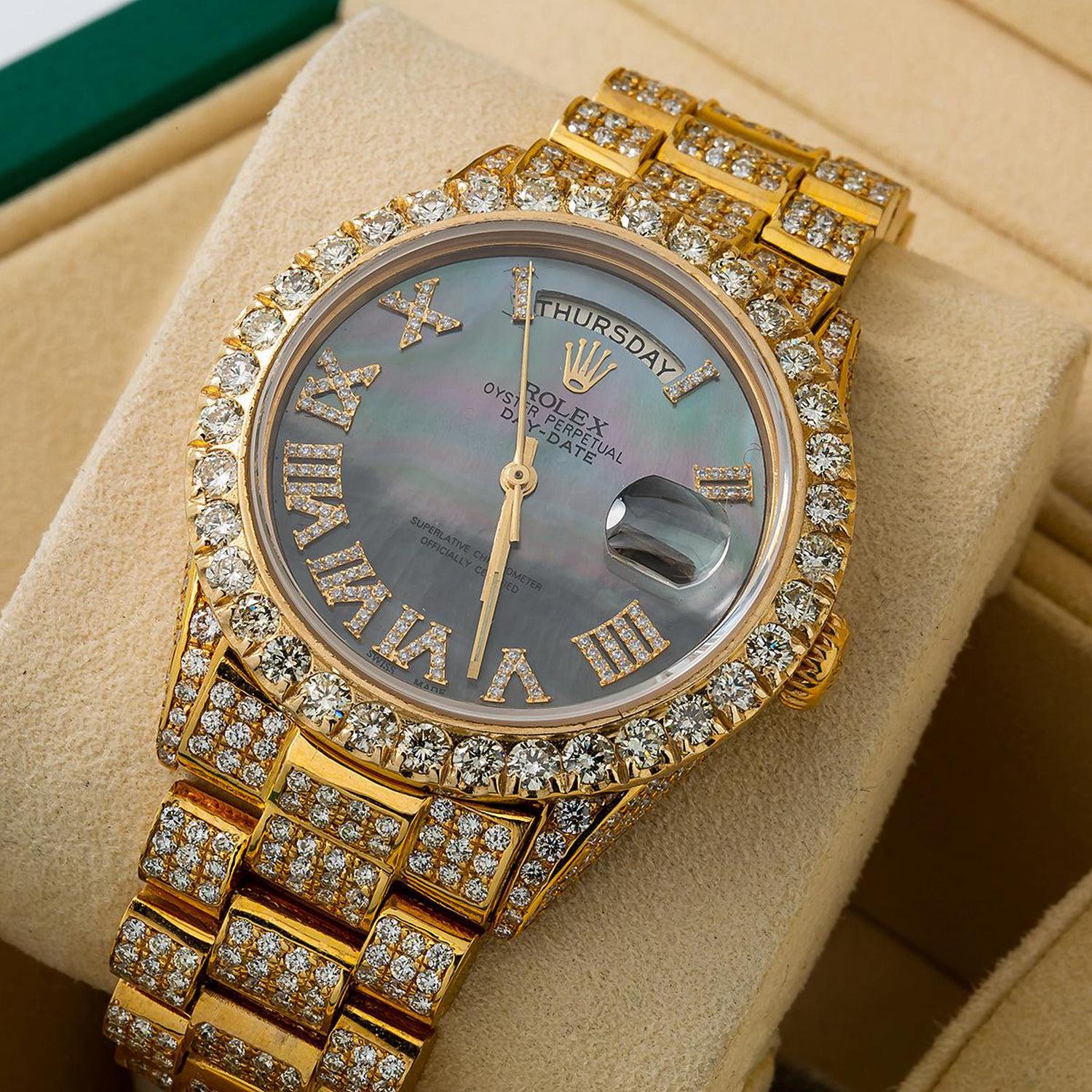 Rolex Day-Date 36MM 18038 Black Mother of Pearl Roman Diamond Dial Diamond Bezel 18K Yellow Gold Full Diamond President Bracelet 14.75ct - Image 2