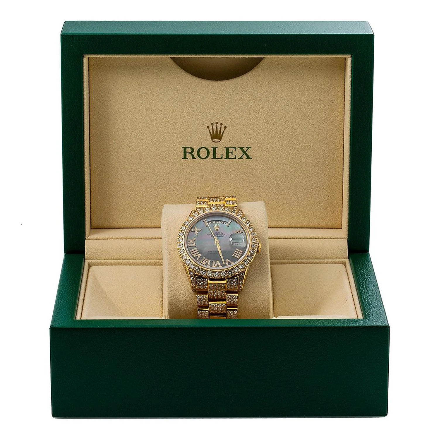Rolex Day-Date 36MM 18038 Black Mother of Pearl Roman Diamond Dial Diamond Bezel 18K Yellow Gold Full Diamond President Bracelet 14.75ct - Image 6