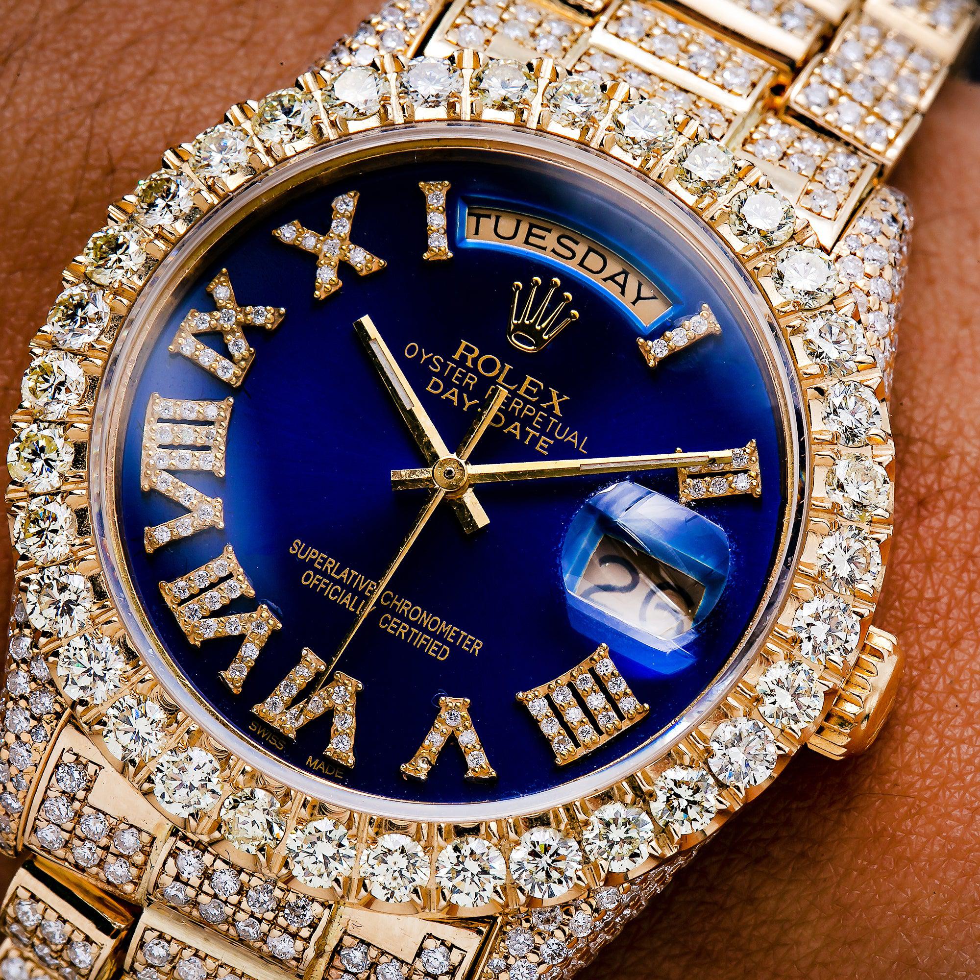 Rolex Day-Date 36MM 18038 Blue Roman Diamond Dial Diamond Bezel 18K Yellow Gold Full Diamond President Bracelet 15.75ct - Image 3