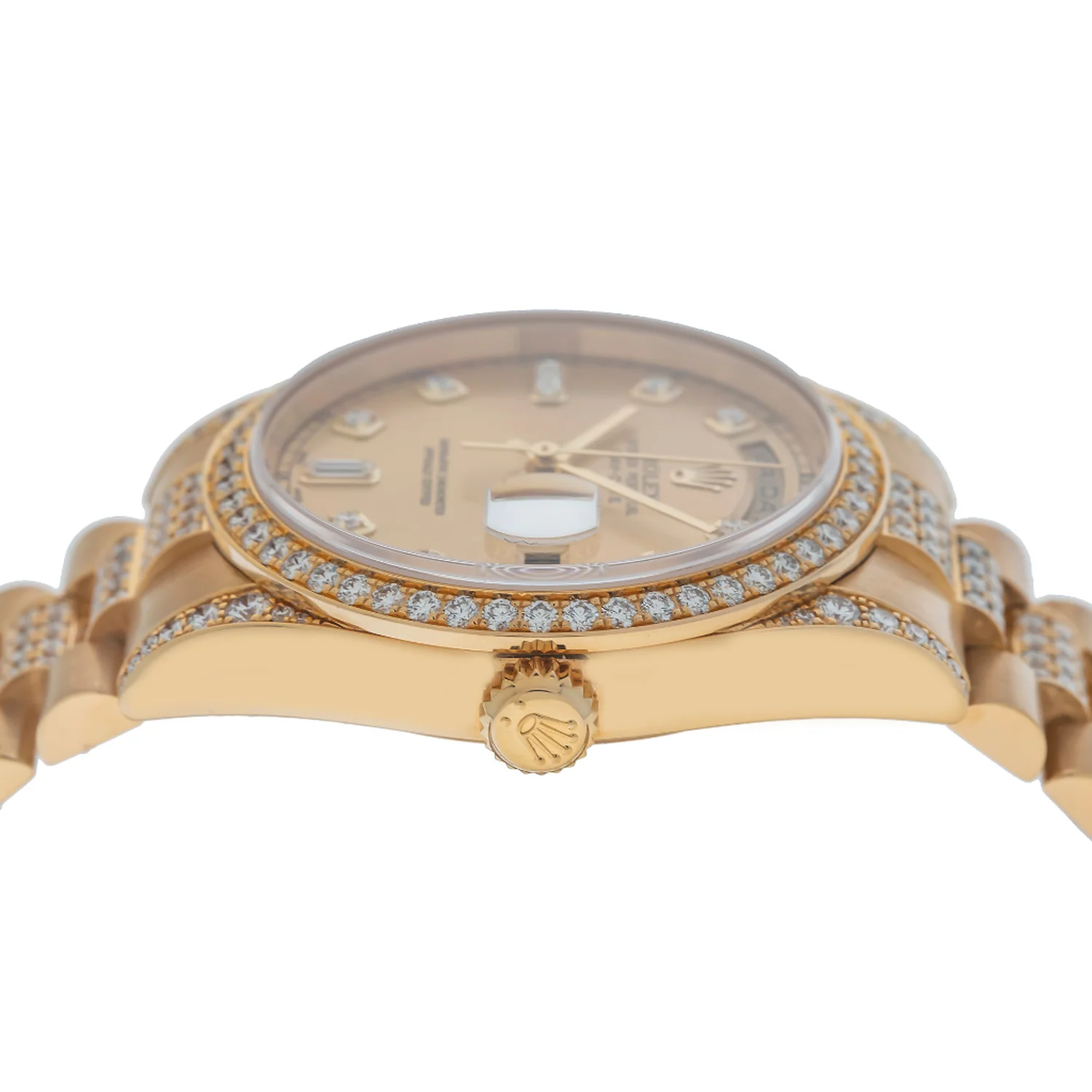 Rolex Day-Date 36MM 18038 Champagne Diamond Dial Diamond Bezel 18K Yellow Gold Semi Diamond President Bracelet - Image 5