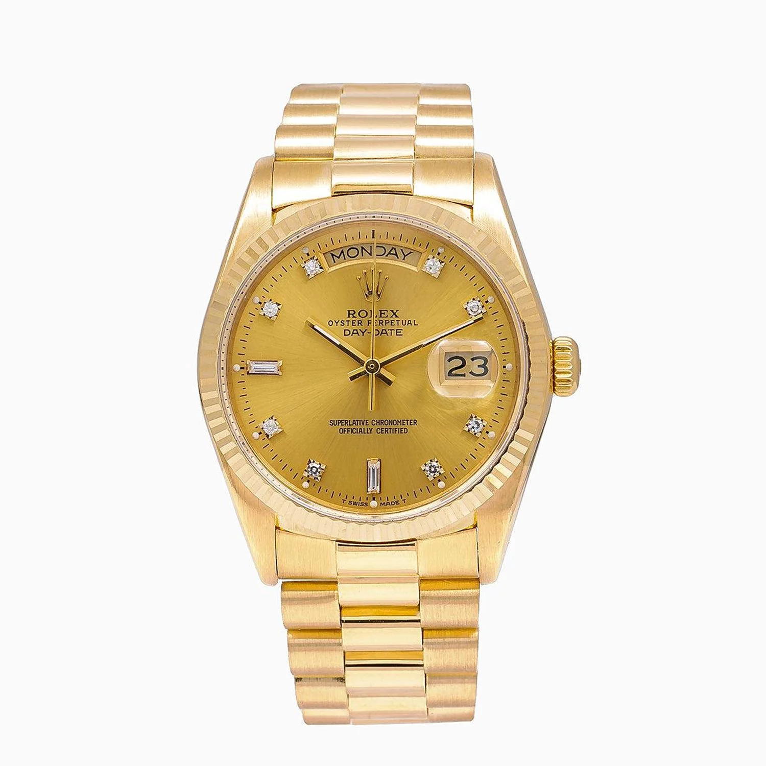 Rolex Day-Date 36MM 18038 Champagne Diamond Dial Fluted Bezel 18K Yellow Gold President Bracelet