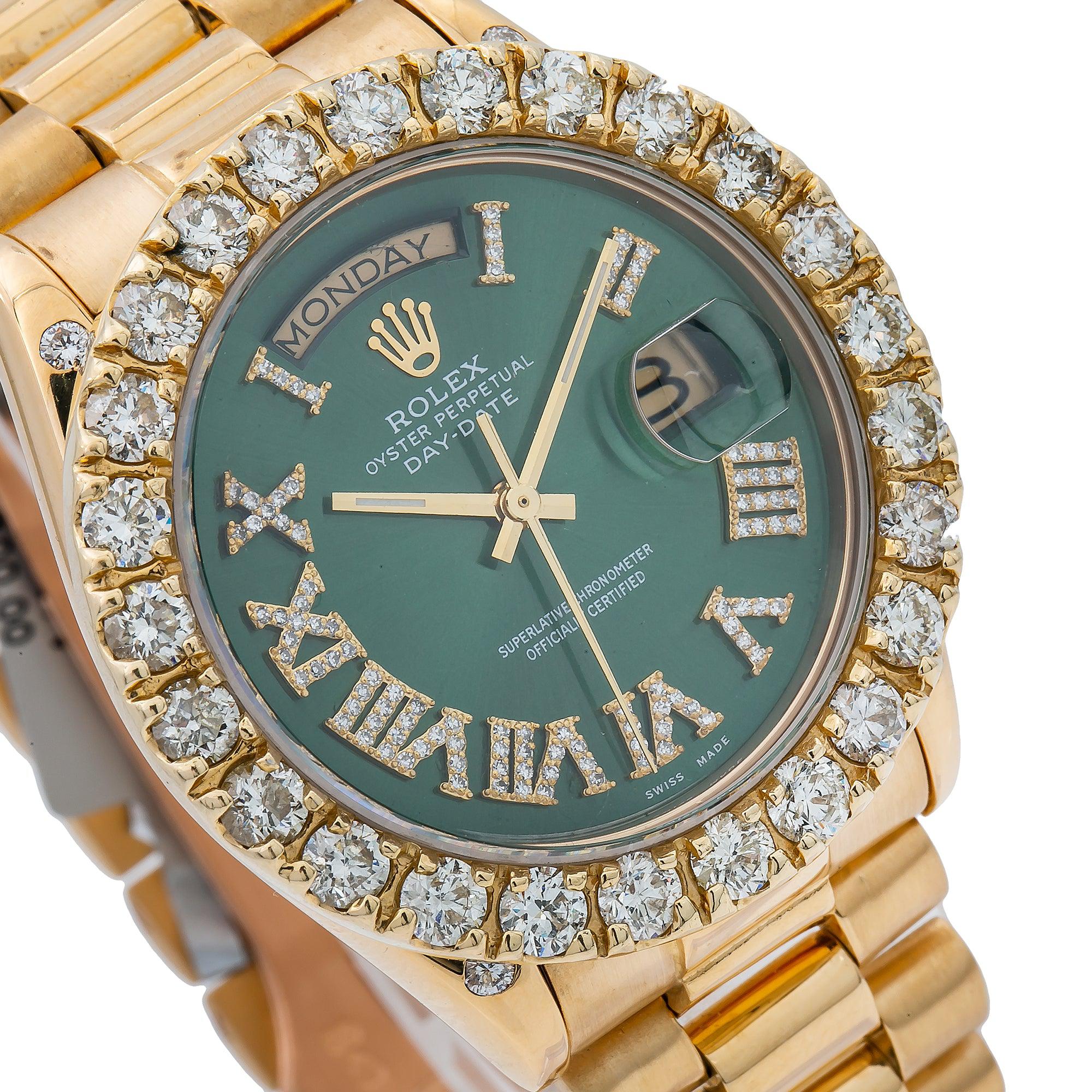 Rolex Day-Date 36MM 18038 Green Roman Diamond Dial Diamond Bezel 18K Yellow Gold President Bracelet 5.5ct - Image 3