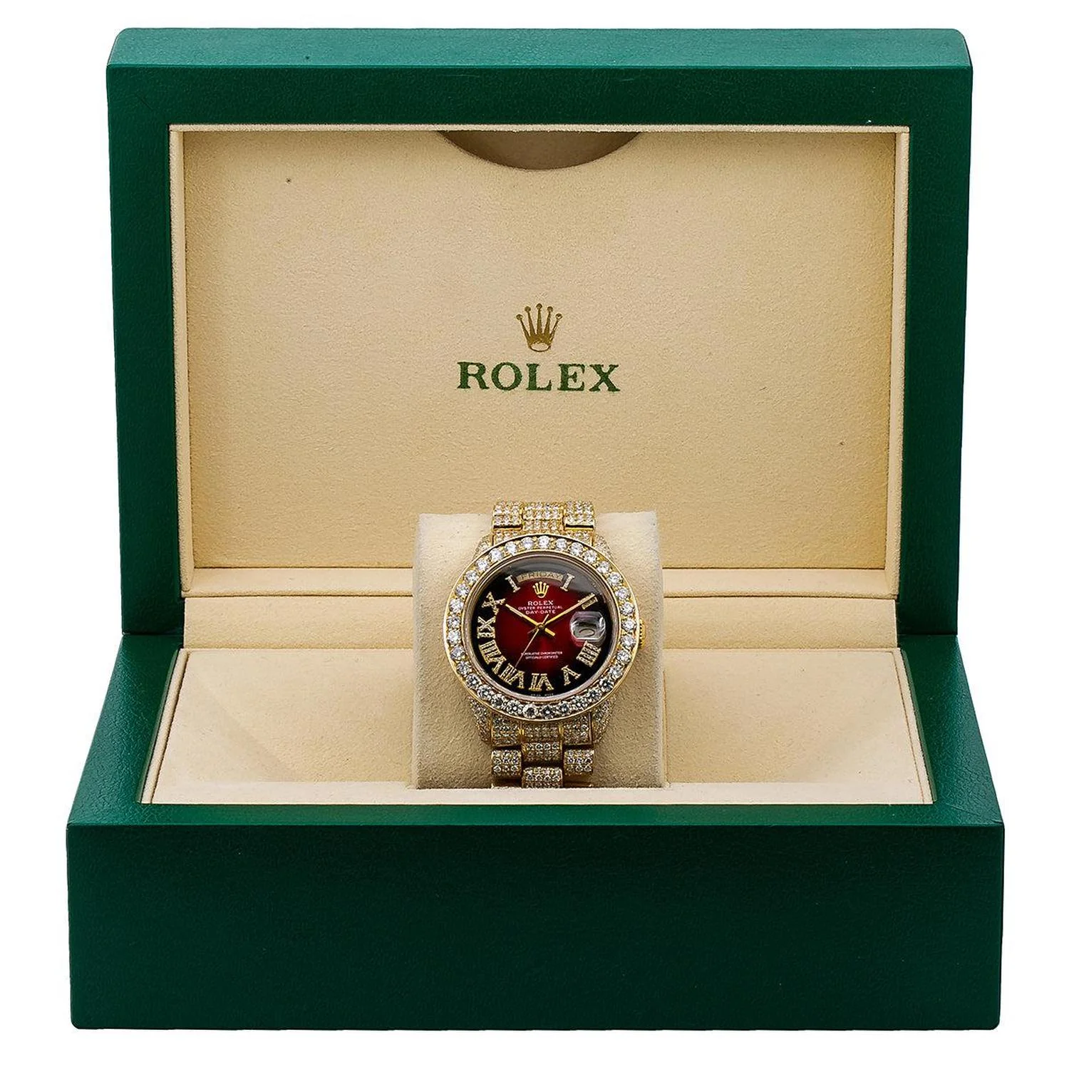 Rolex Day-Date 36MM 18038 Red Roman Diamond Dial Diamond Bezel 18K Yellow Gold Full Diamond President Bracelet 23.75ct - Image 6