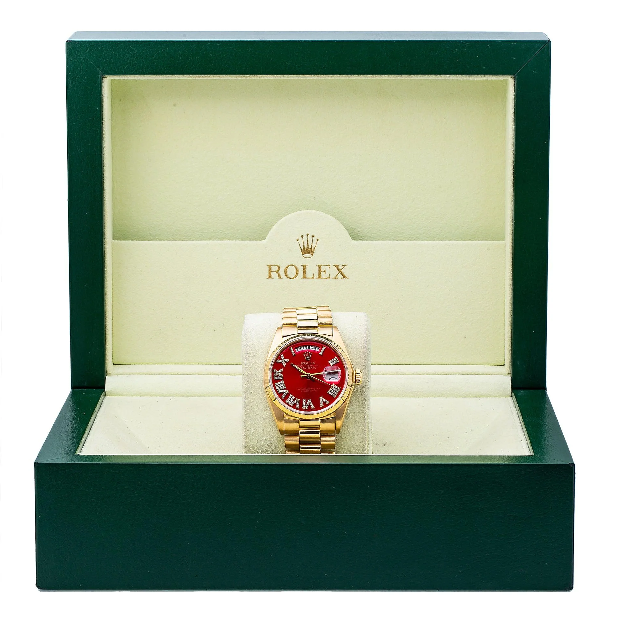 Rolex Day-Date 36MM 18038 Red Roman Diamond Dial Fluted Bezel 18K Yellow Gold President Bracelet - Image 7