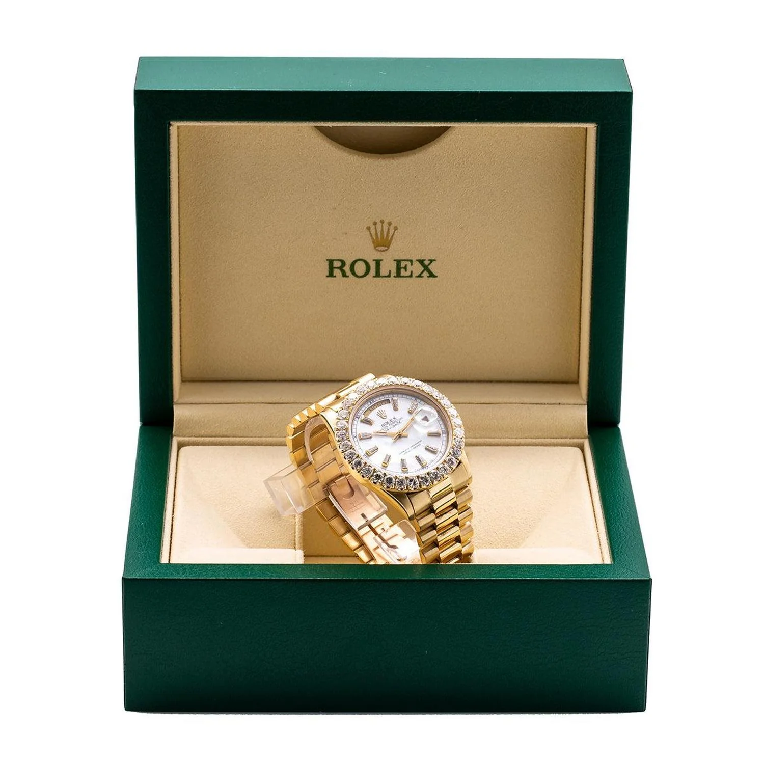Rolex Day-Date 36MM 18038 White Mother of Pearl Diamond Dial Diamond Bezel 18K Yellow Gold President Bracelet 4.75ct - Image 6
