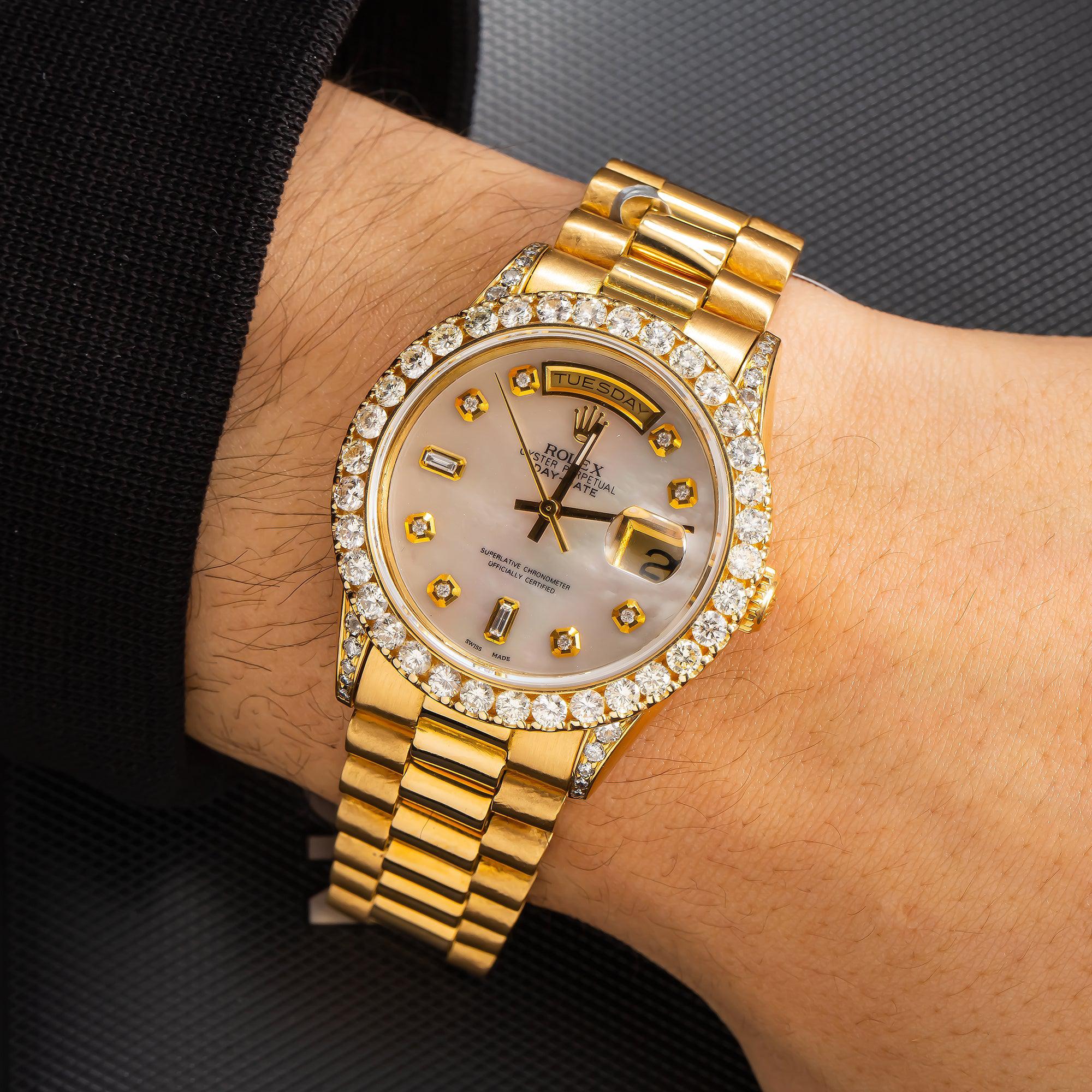 Rolex Day-Date 36MM 18238 White Mother of Pearl Diamond Dial Diamond Bezel 18K Yellow Gold President Bracelet - Image 2