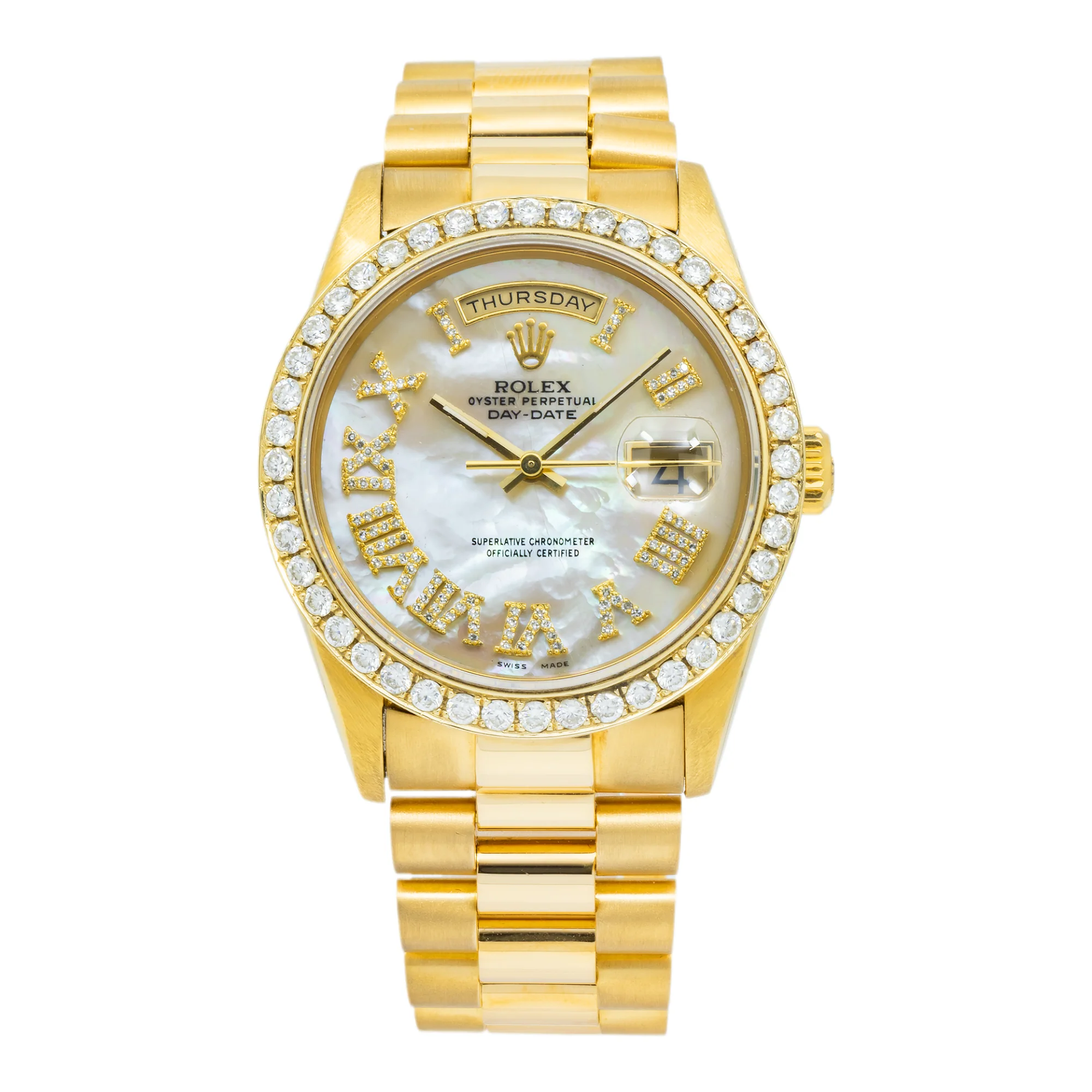 Rolex Day-Date 36MM 18238 White Mother of Pearl Roman Diamond Dial Diamond Bezel 18K Yellow Gold President Bracelet