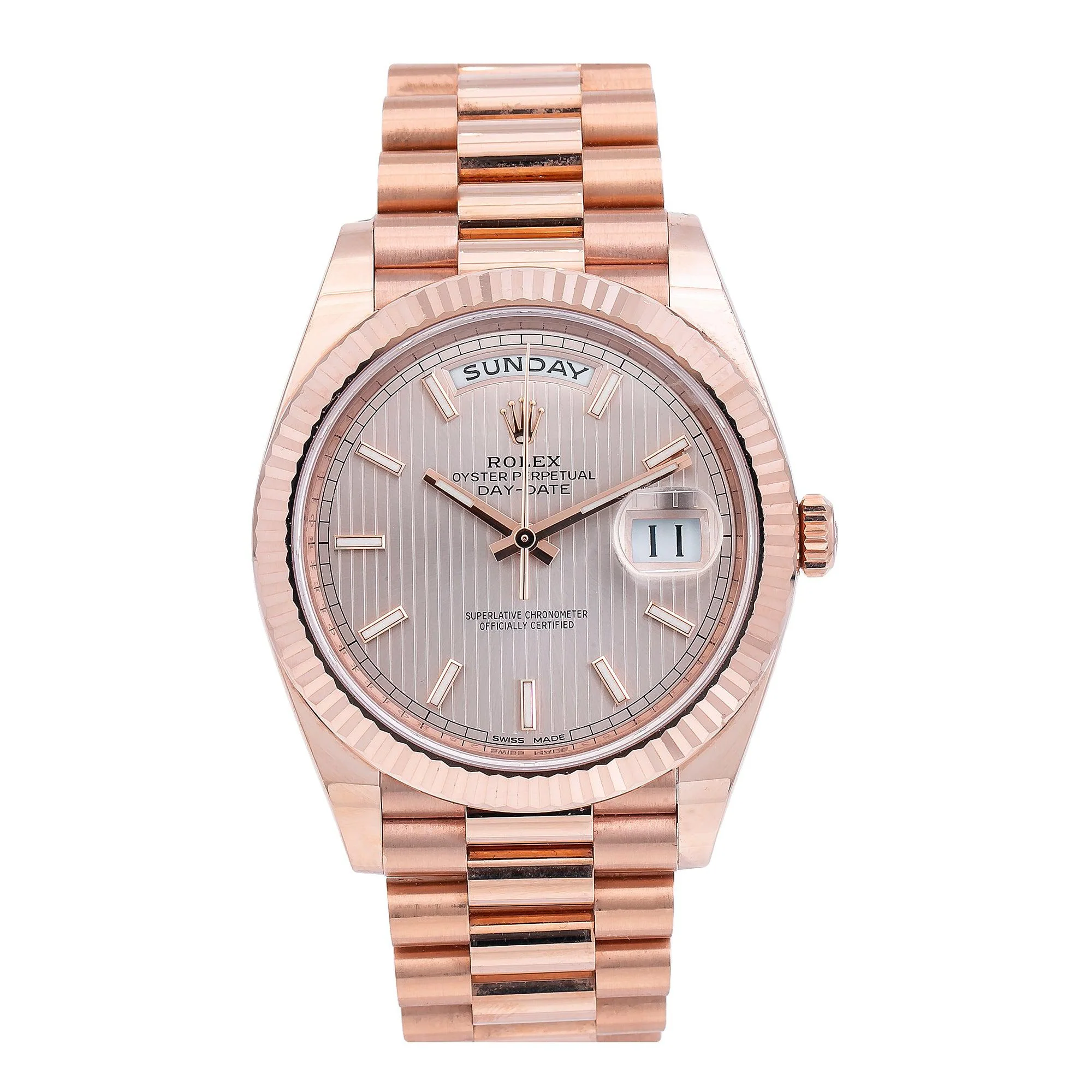 Rolex Day-Date 40MM 228235 Sundust Stripe Dial Fluted Bezel 18K Rose Gold President Bracelet