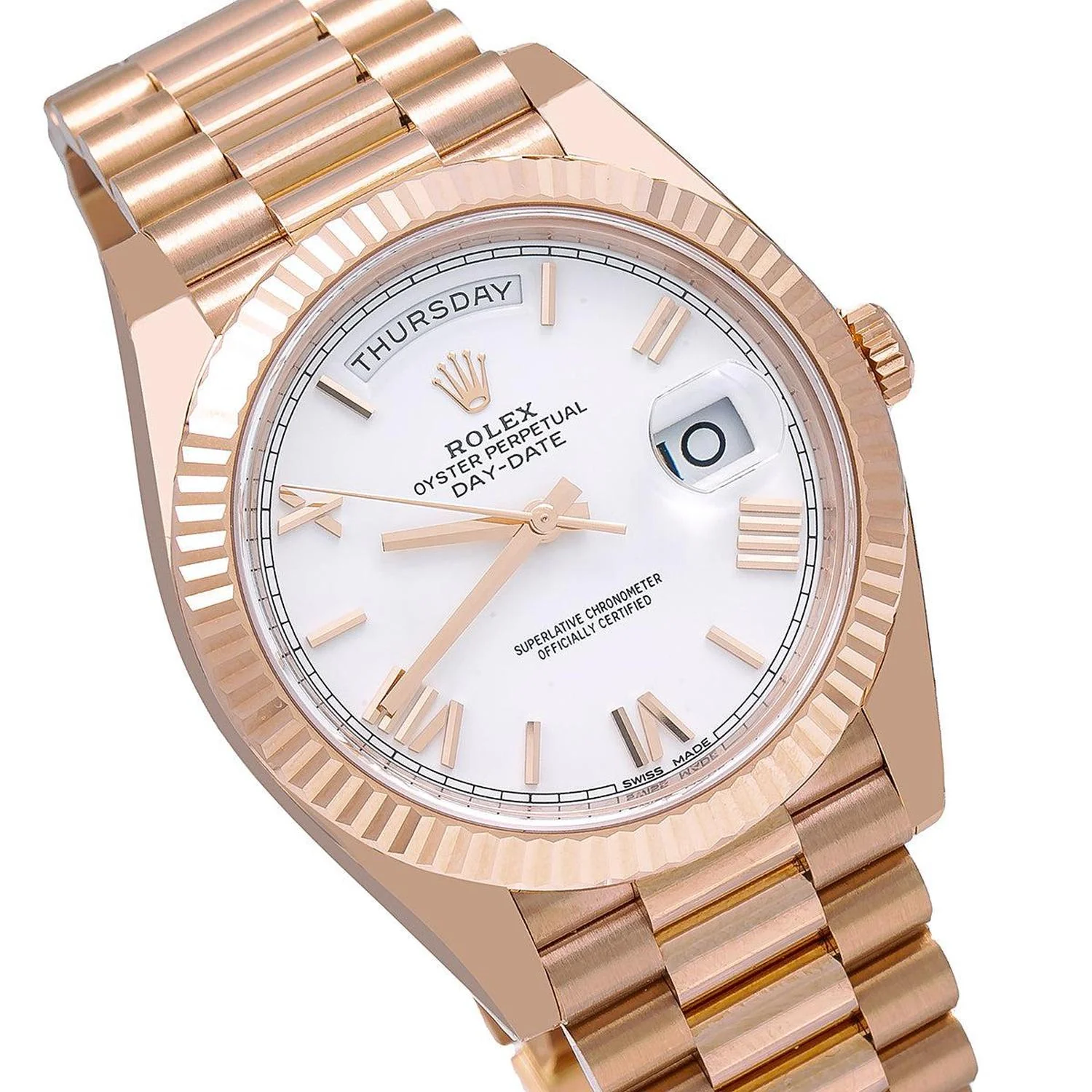 Rolex Day-Date 40MM 228235 White Roman Dial Fluted Bezel 18K Rose Gold President Bracelet - Image 3