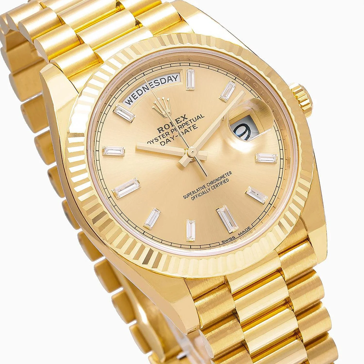 Rolex Day-Date 40MM 228238 Champagne Baguette Diamond Dial Fluted Bezel 18K Yellow Gold President Bracelet - Image 3