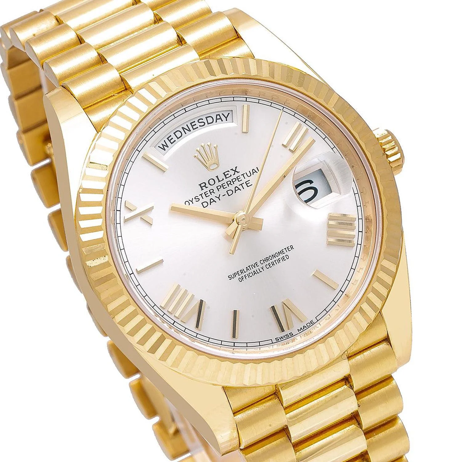 Rolex Day-Date 40MM 228238 Silver Roman Dial Fluted Bezel 18K Yellow Gold President Bracelet - Image 3