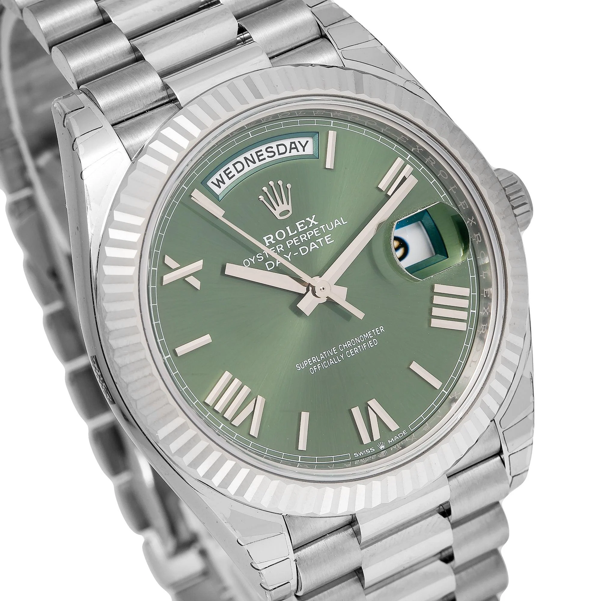 Rolex Day-Date 40MM 228239 Olive Green Roman Dial Fluted Bezel 18K White Gold President Bracelet - Image 2
