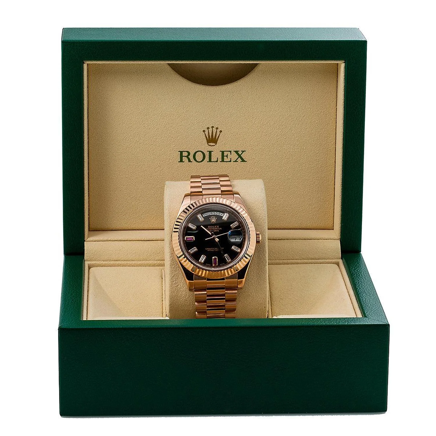 Rolex Day-Date II 41MM 218235 Black Baguette Diamond Dial Fluted Bezel 18K Rose Gold President Bracelet - Image 5