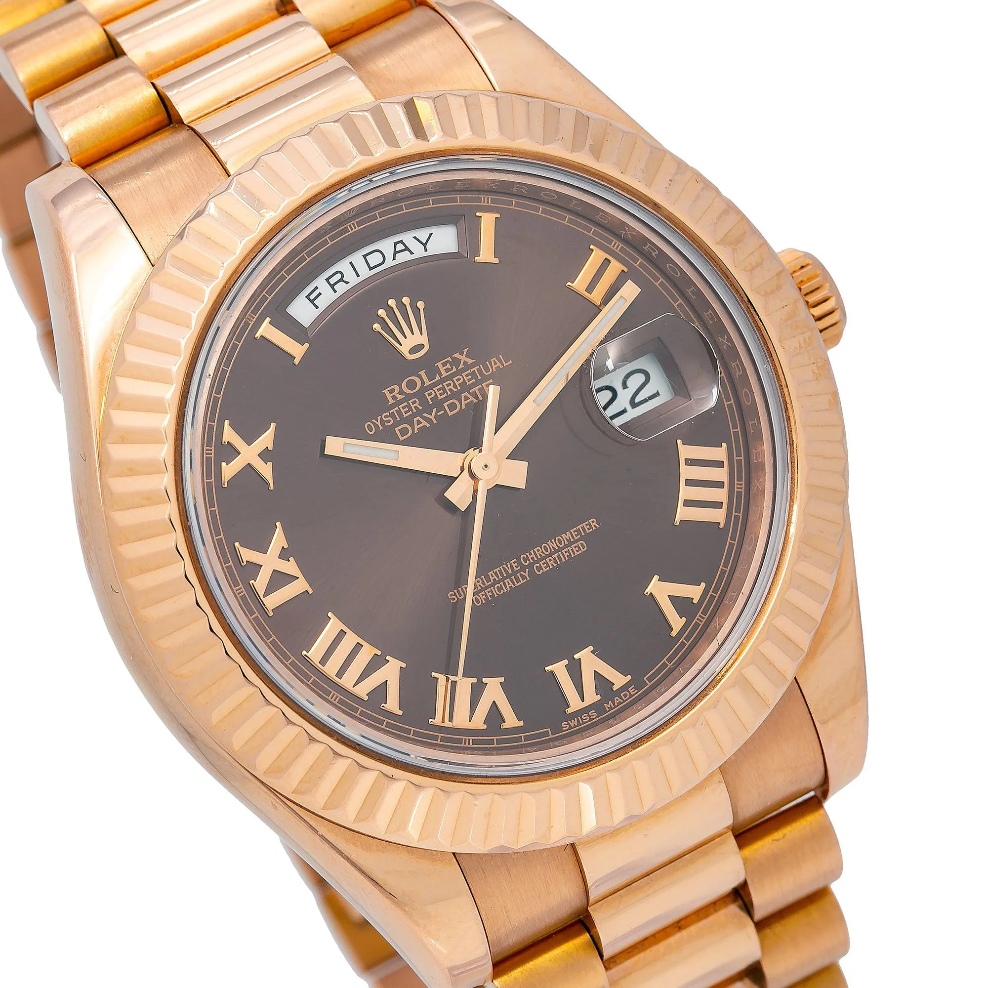 Rolex Day-Date II 41MM 218235 Chocolate Roman Dial Fluted Bezel 18K Rose Gold President Bracelet - Image 3