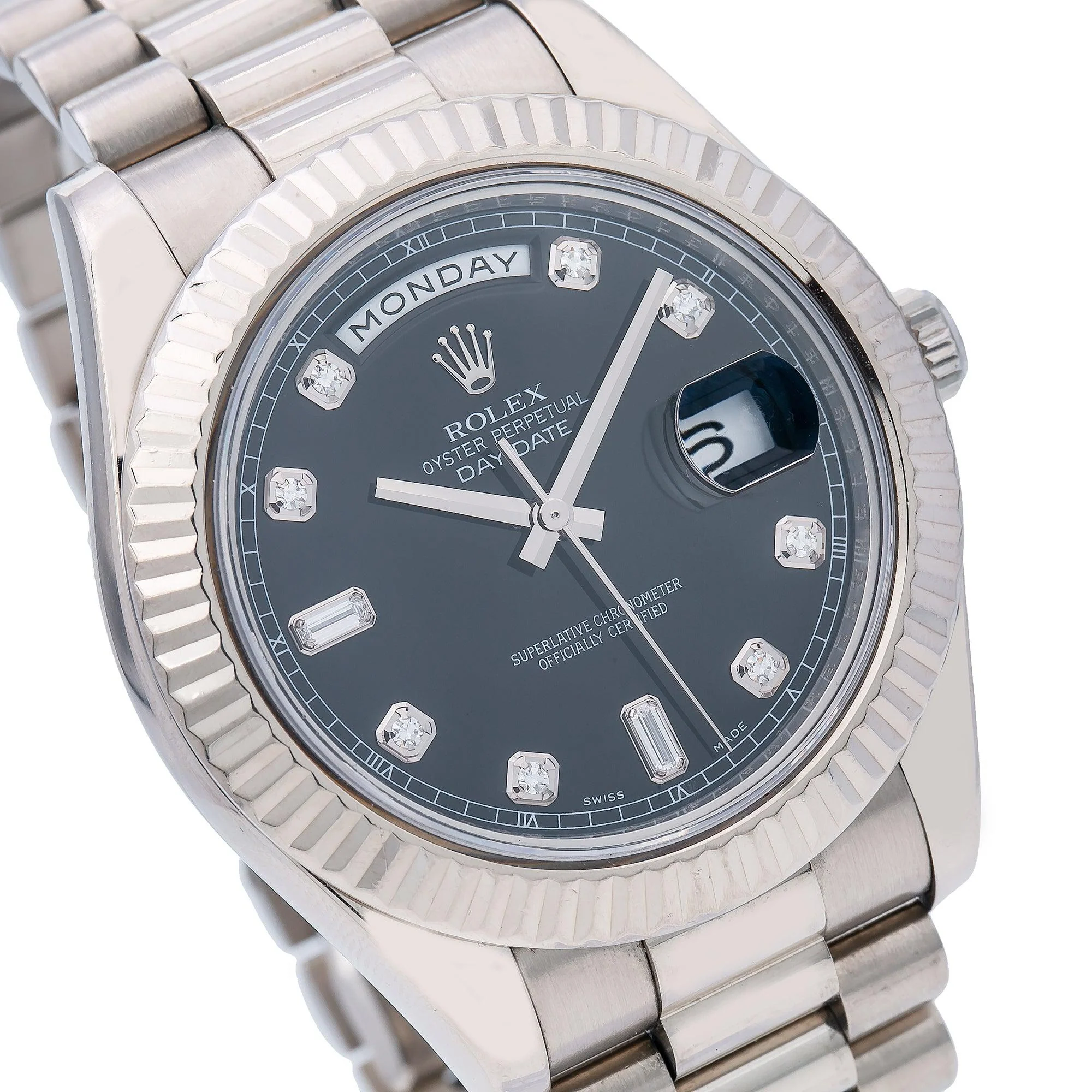 Rolex Day-Date II 41MM 218239 Black Diamond Dial Fluted Bezel 18K White Gold President Bracelet - Image 3