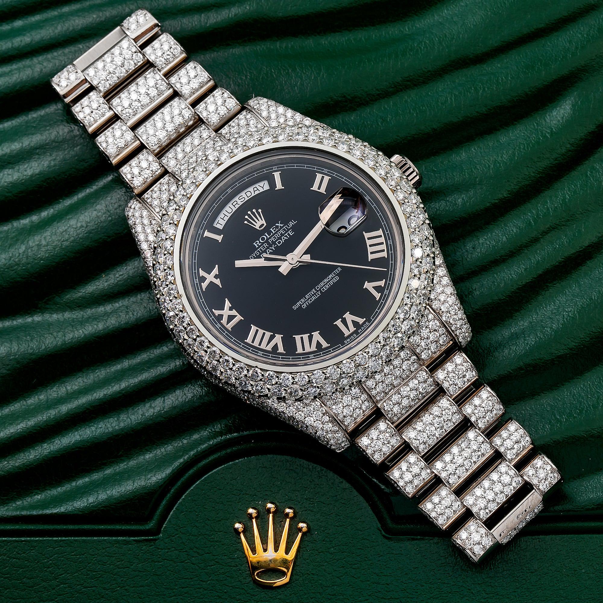 Rolex Day-Date II 41MM 218239 Black Roman Dial Diamond Bezel 18K White Gold Full Diamond President Bracelet 17.75ct - Image 4