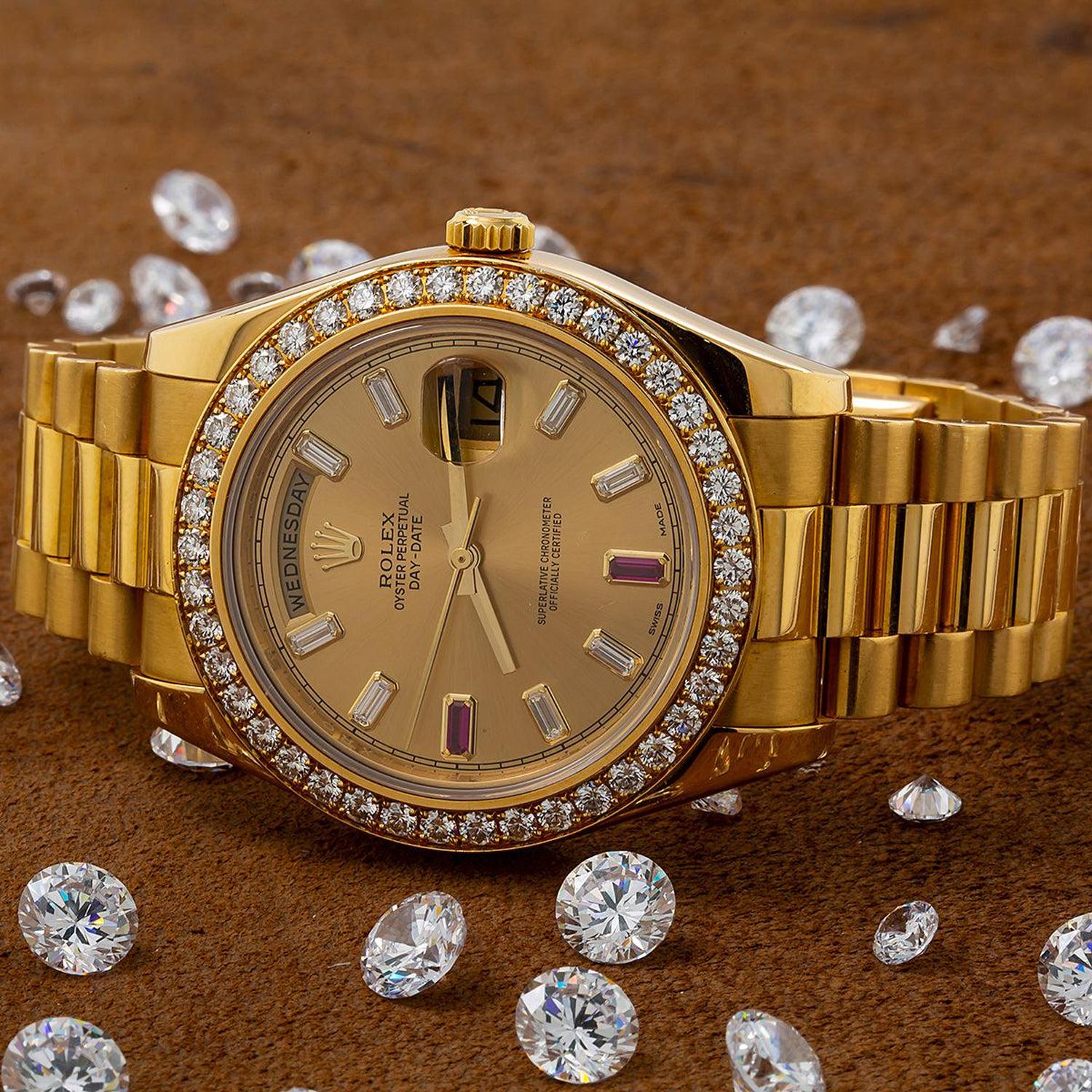 Rolex Day-Date II 41MM 218348 Champagne Baguette Diamond Dial Diamond Bezel 18K Yellow Gold President Bracelet - Image 2
