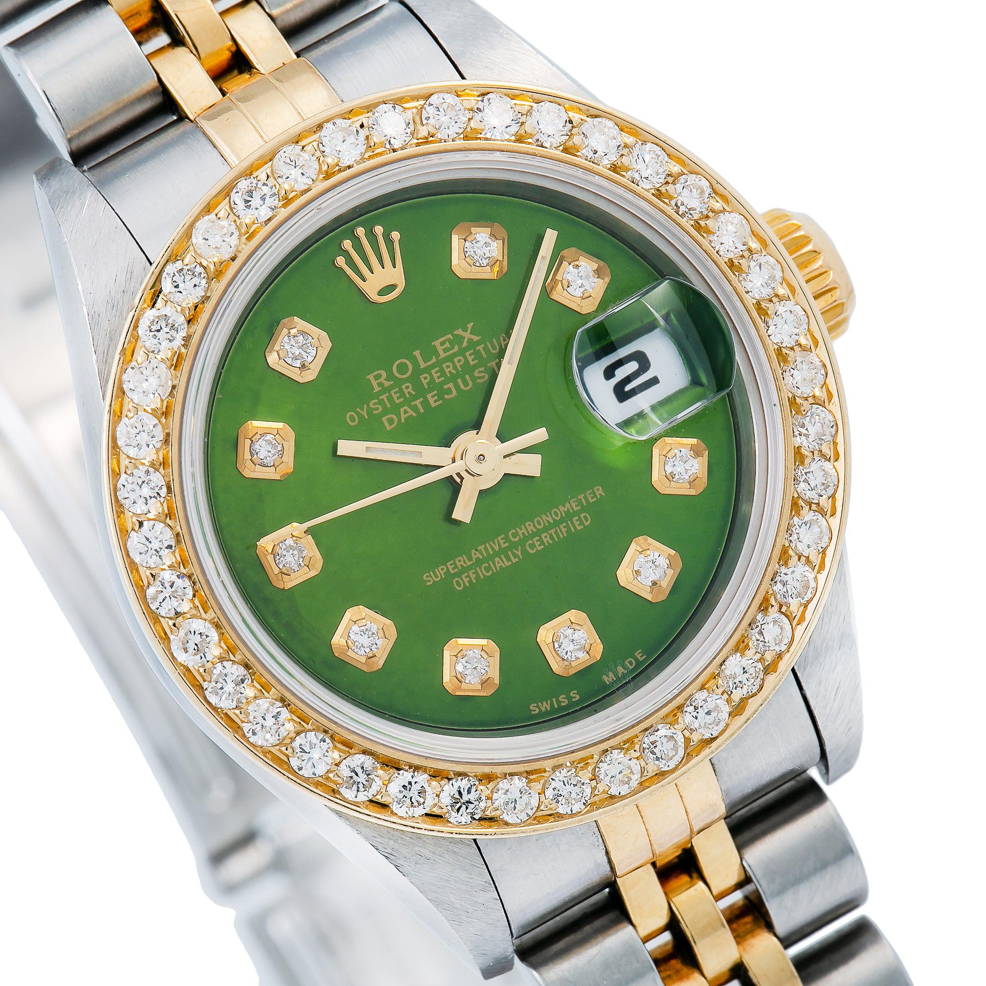 Rolex Datejust 26MM 69173 Green Diamond Dial Diamond Bezel Two Tone Yellow Gold Jubilee Bracelet - Image 3